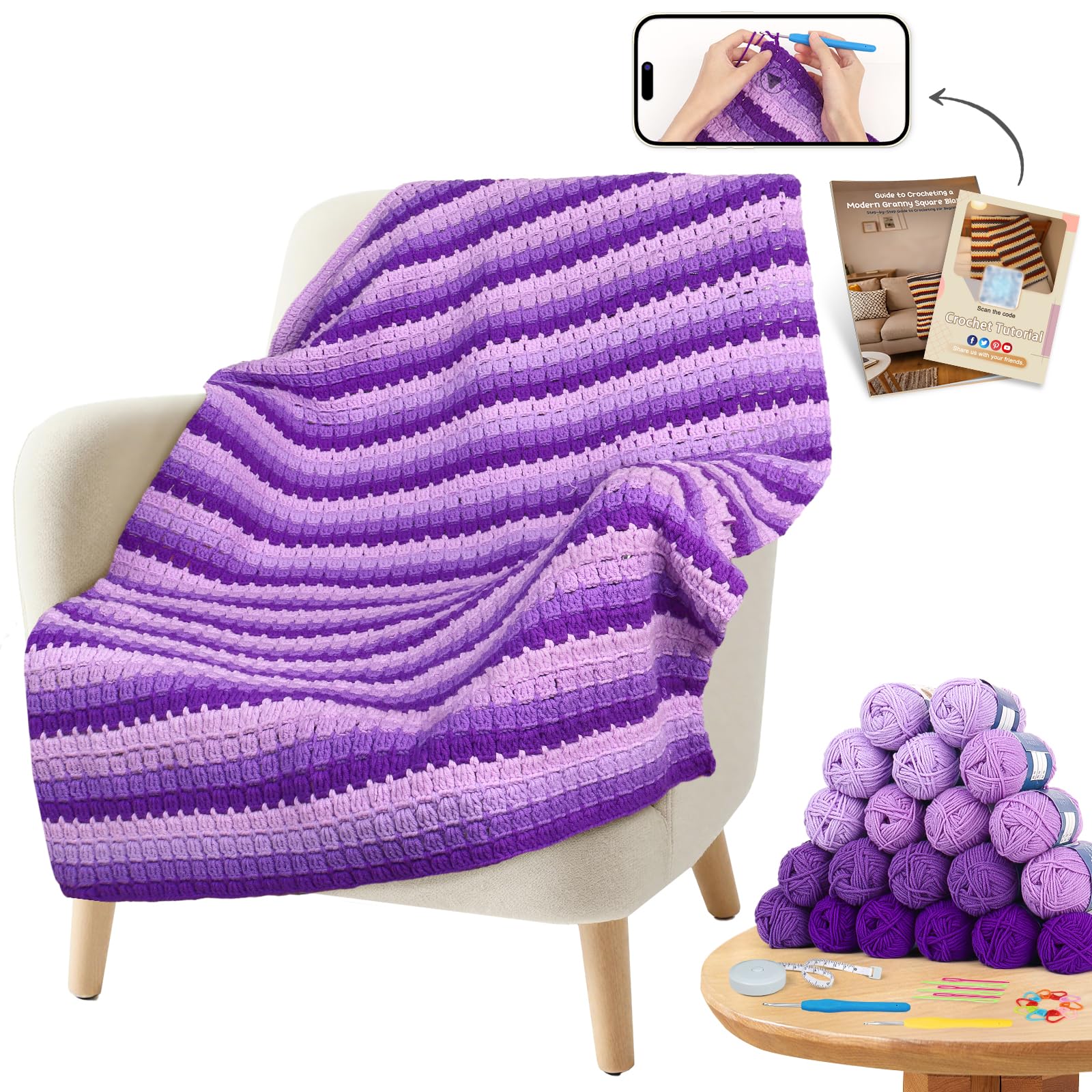 Reessy Crochet Kit, Crochet Blanket Kit with Step-by-Step Video Tutorials, Enough Yarn & Crochet Accessories, Crochet Kits for Beginners Adults Learn to Crochet Pretty Purple Striped Blanket
