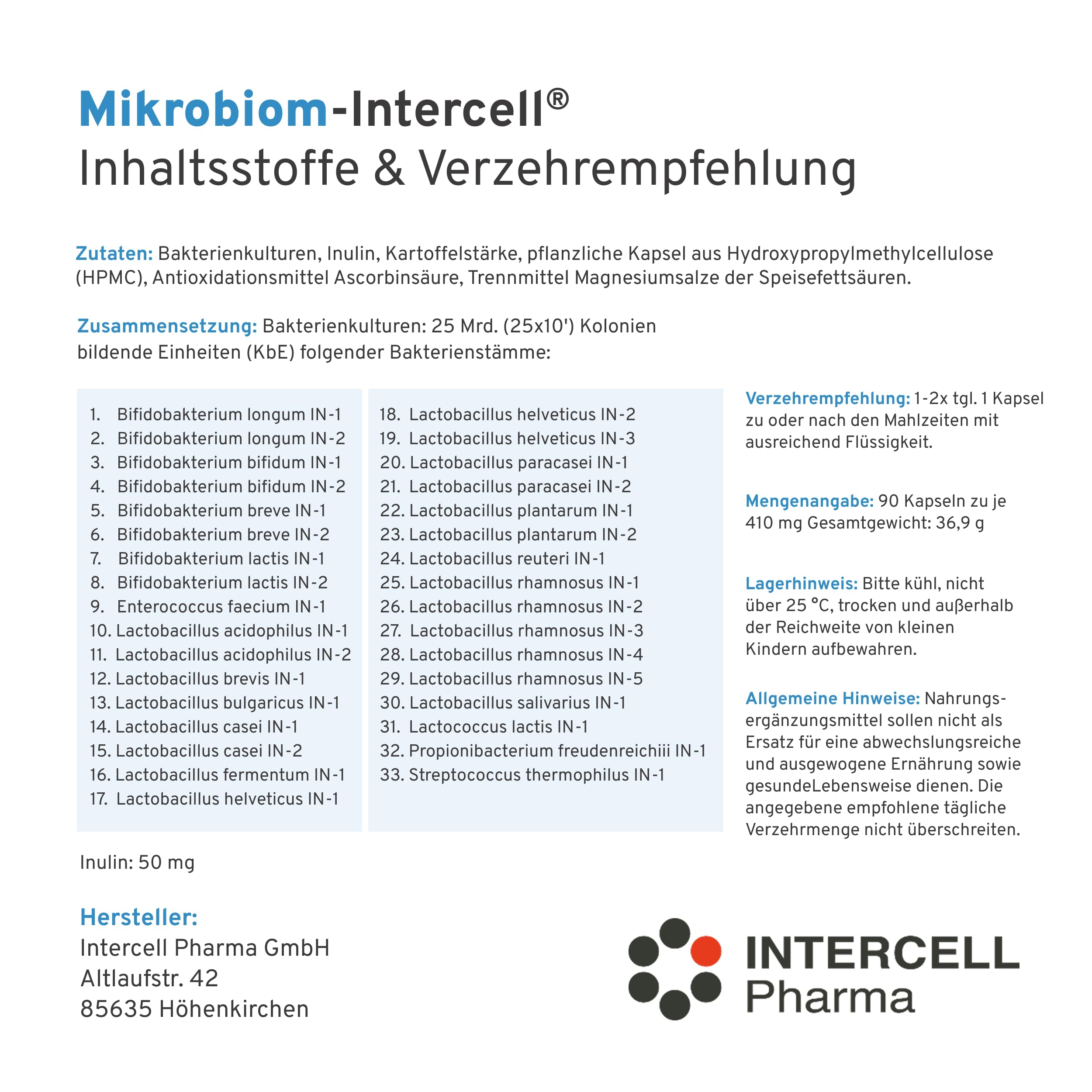 Mikrobiom Intercell (Probiotika) - 33 Bakterienstämmen hochdosiert mit Inulin (90 Kapseln) - Für den Aufbau des Darms mit den wichtigsten Milchsäurebakterien - 25 Mrd. KBE je Kapsel - laktosefrei