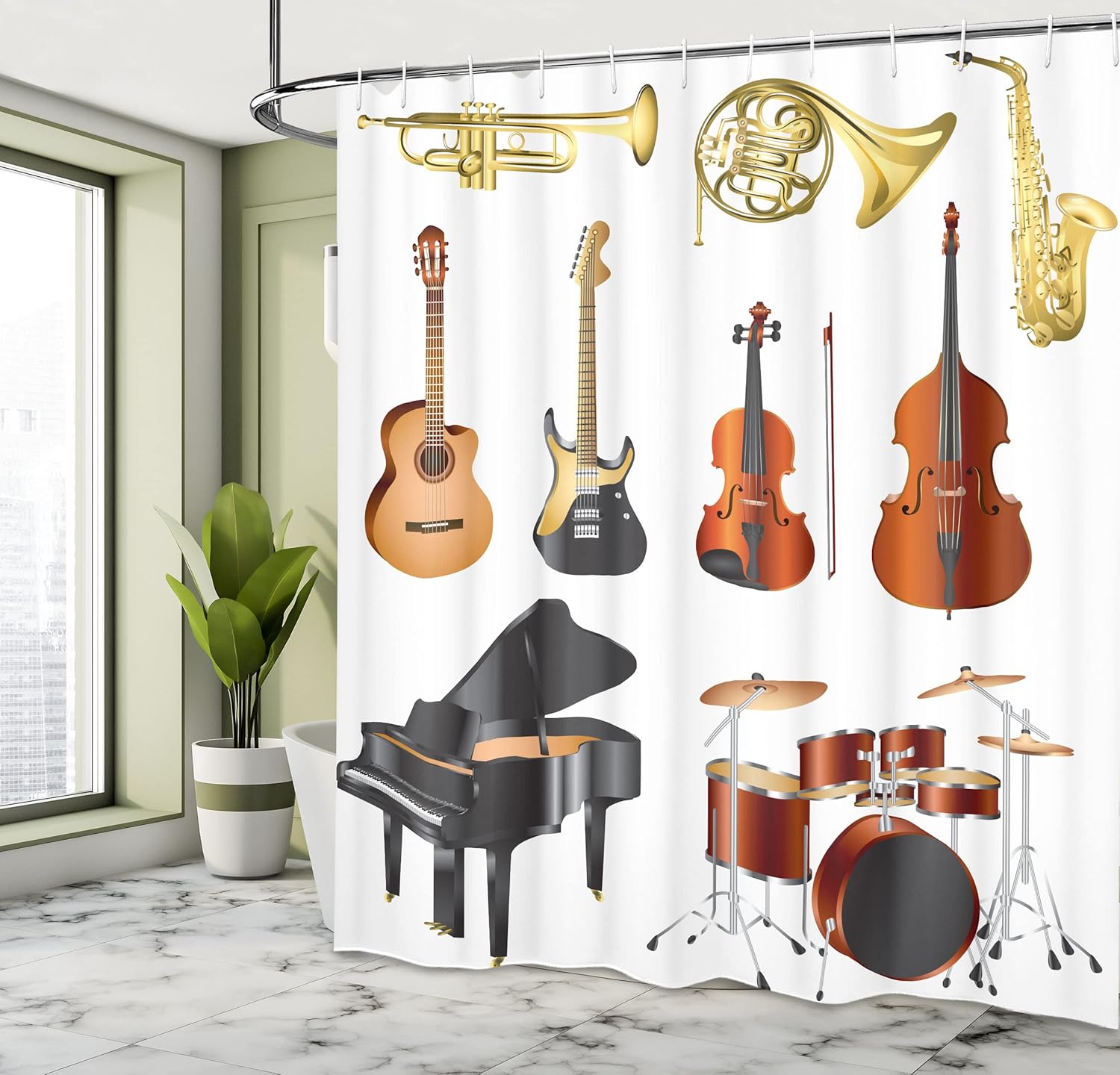 Ambesonne Music Shower Curtain, A Musical Instruments of Symphony Orchestra Concert and Composition Theme Colorful Pattern of Artwork, Fabric Bathroom Decor Set with Hooks, 69" W x 70" L, Black Brown