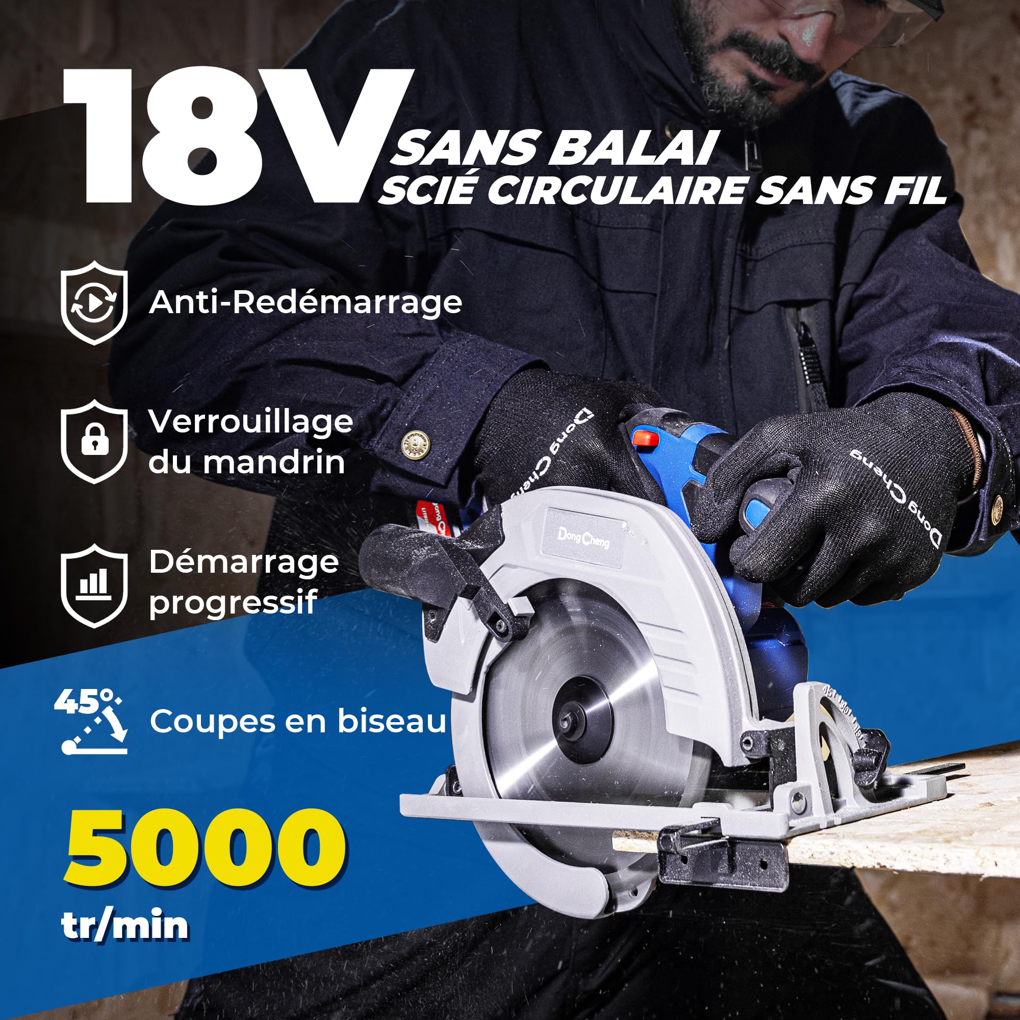 Dong Cheng Scie Circulaire Sans Fil Ø185 mm, 5000 RPM, Profondeur Coupe 65(90°)/45mm(45°), Avec 3 lame de scie Ø 185 x Ø 20 mm et Rail Guide, pour Bois, Carrelage, Métal Mou