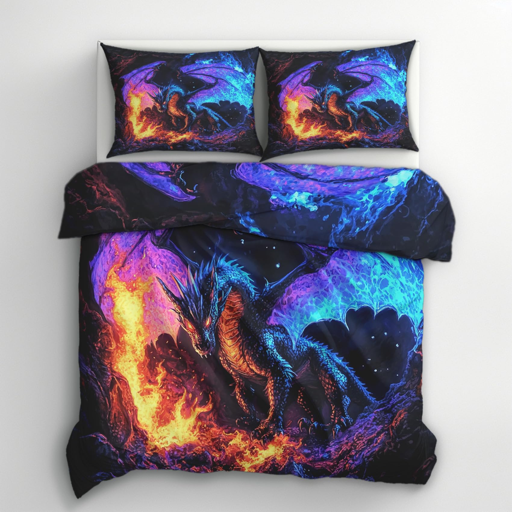Housse de Couette Dragon 220x240 Parure de Lit 2 Personnes Imprimée Feu Et Glace Microfibre N&-1860