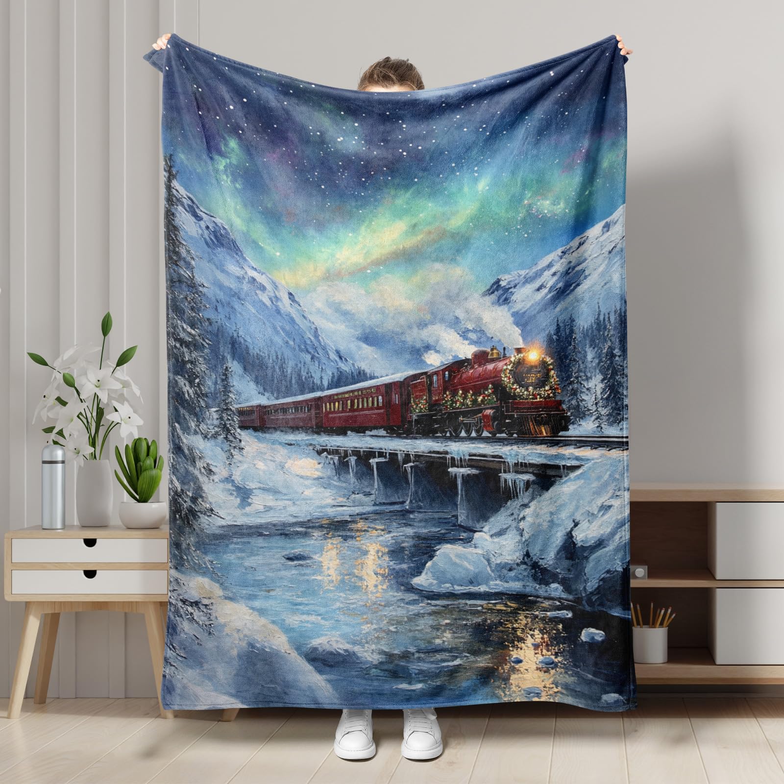 Festive Northern Lights Train Blanket, Blue Mountain Artwork Winter Holiday Throw, Cozy Soft Fleece for Sofa, Bed, All Seasons 50x60 Inch