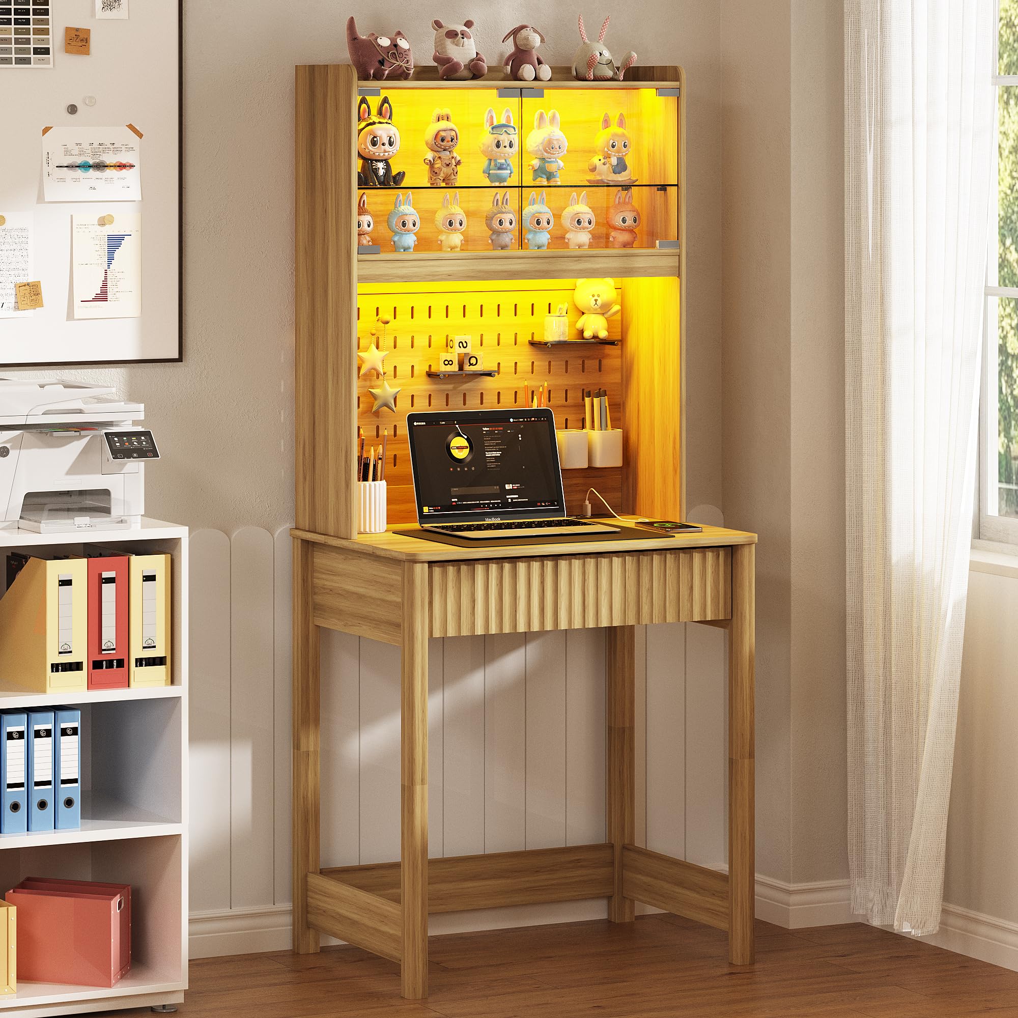 Small Computer Desk with Socket and Sliding Lamp for Home Office,Natural — image 1