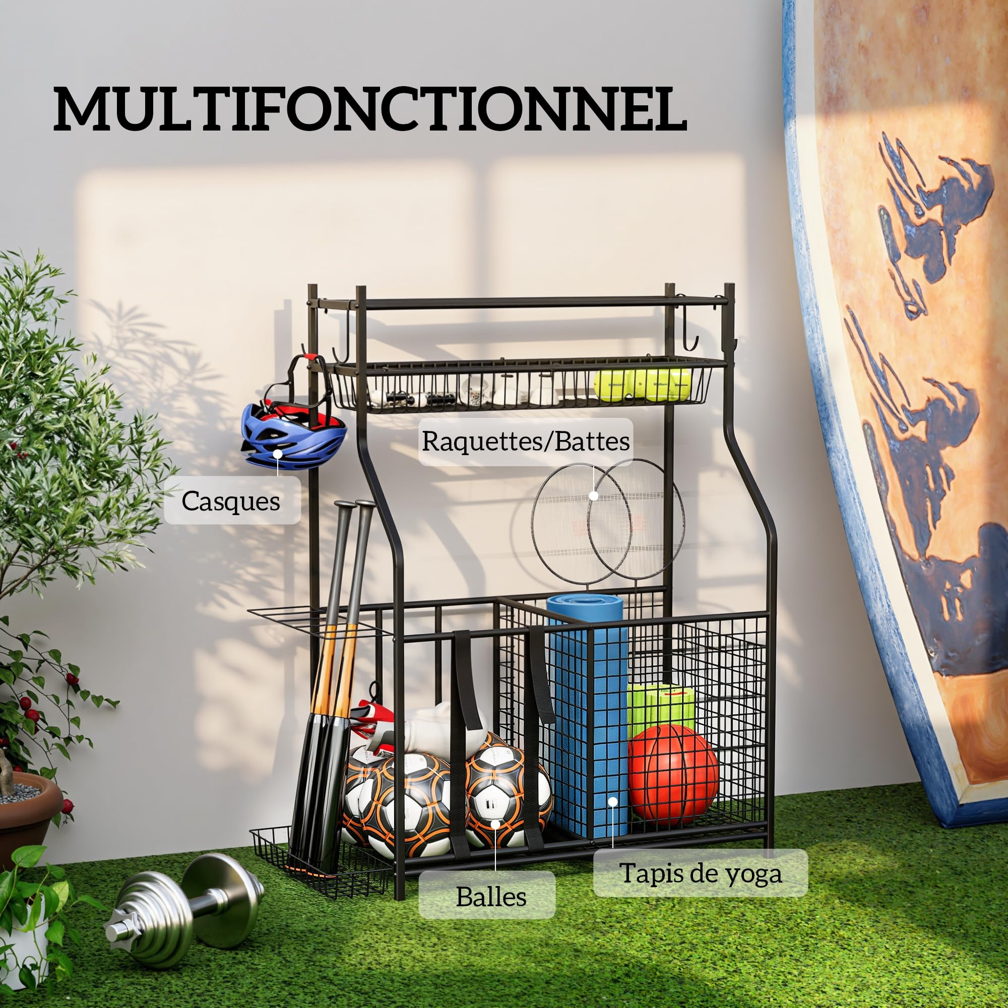 SPORTNOW Rangement d'Équipements de Sport, Organisateur d'Équipements de Sport pour Balles, Jouets avec Paniers, Crochets Amovibles, Sangles Élastiques, pour Intérieur, Extérieur, École, Garage, Noir