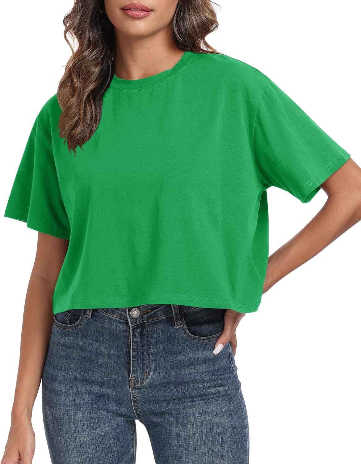 PRIMODA Women's Oversized Workout Cropped T Shirts Crew Neck Short Sleeve Casual Loose Summer Crop Tee Tops Cotton