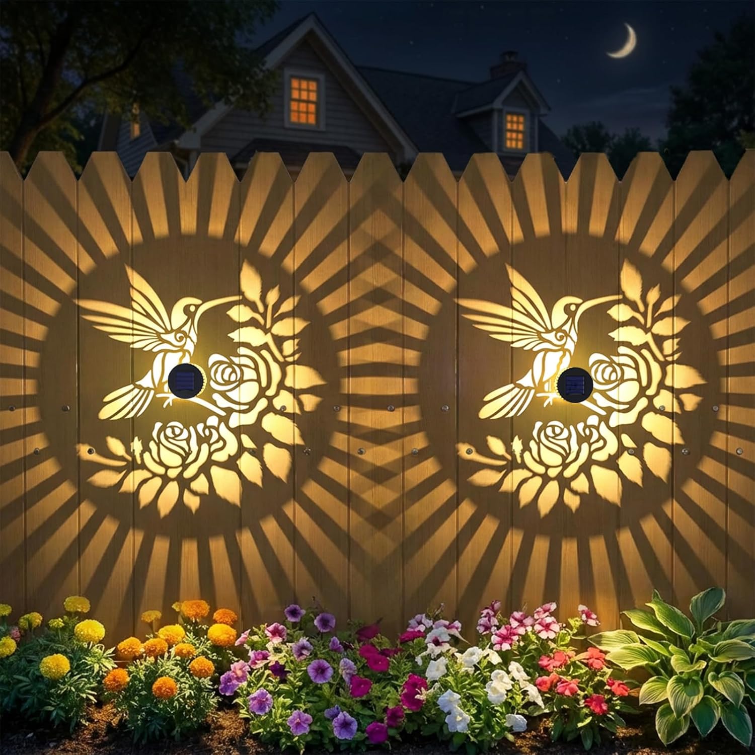 2 Pack Solar Fence Lights Outdoor Wall Lights Metal Solar Powered Deck Step Stair Lights Hummingbird Theme Waterproof Fence Solar Light for Garden Post Patio Yard Decor, Gardening Gifts for Women Mom