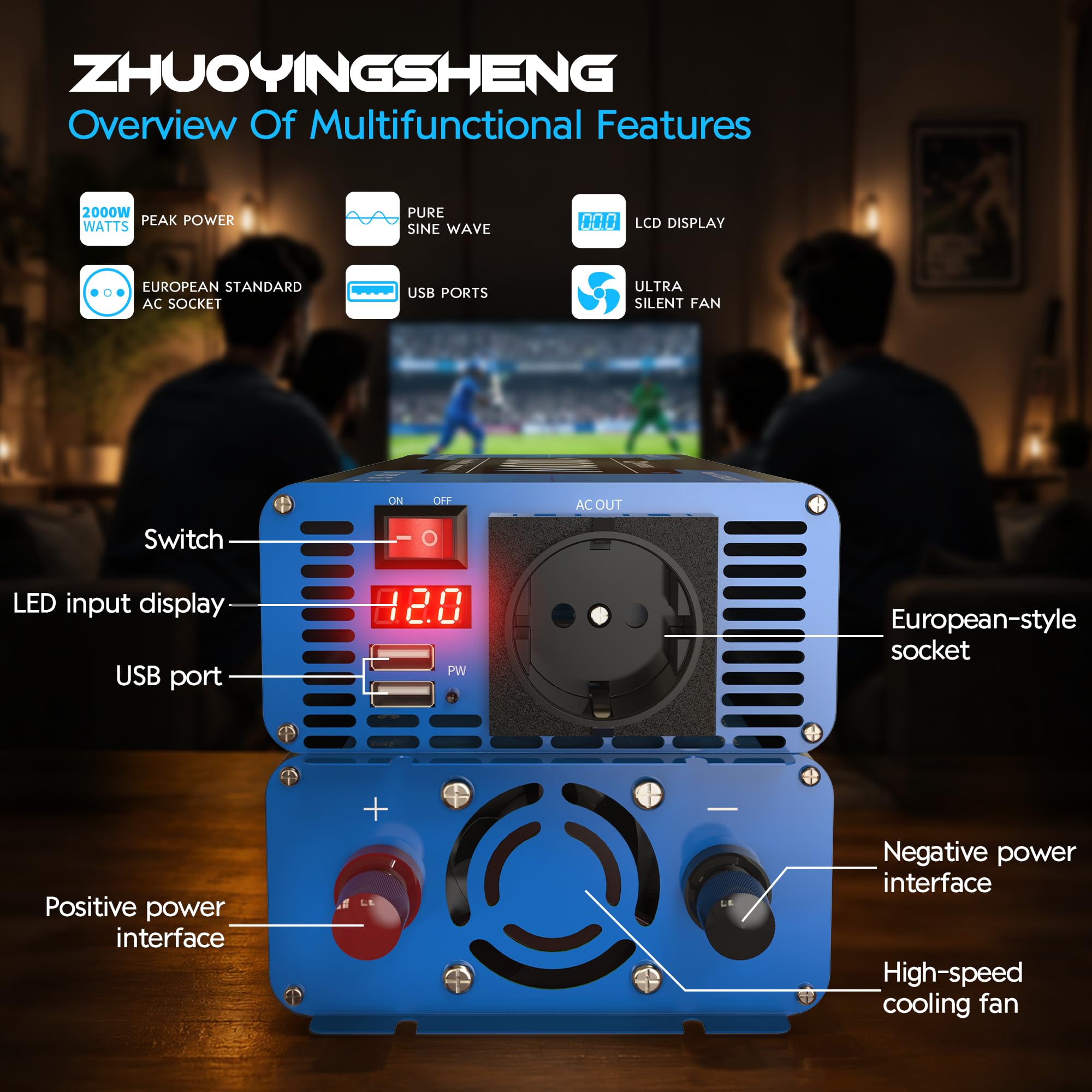 ZYS 1000W Wechselrichter 12V auf 230V Reiner Sinus, Blau