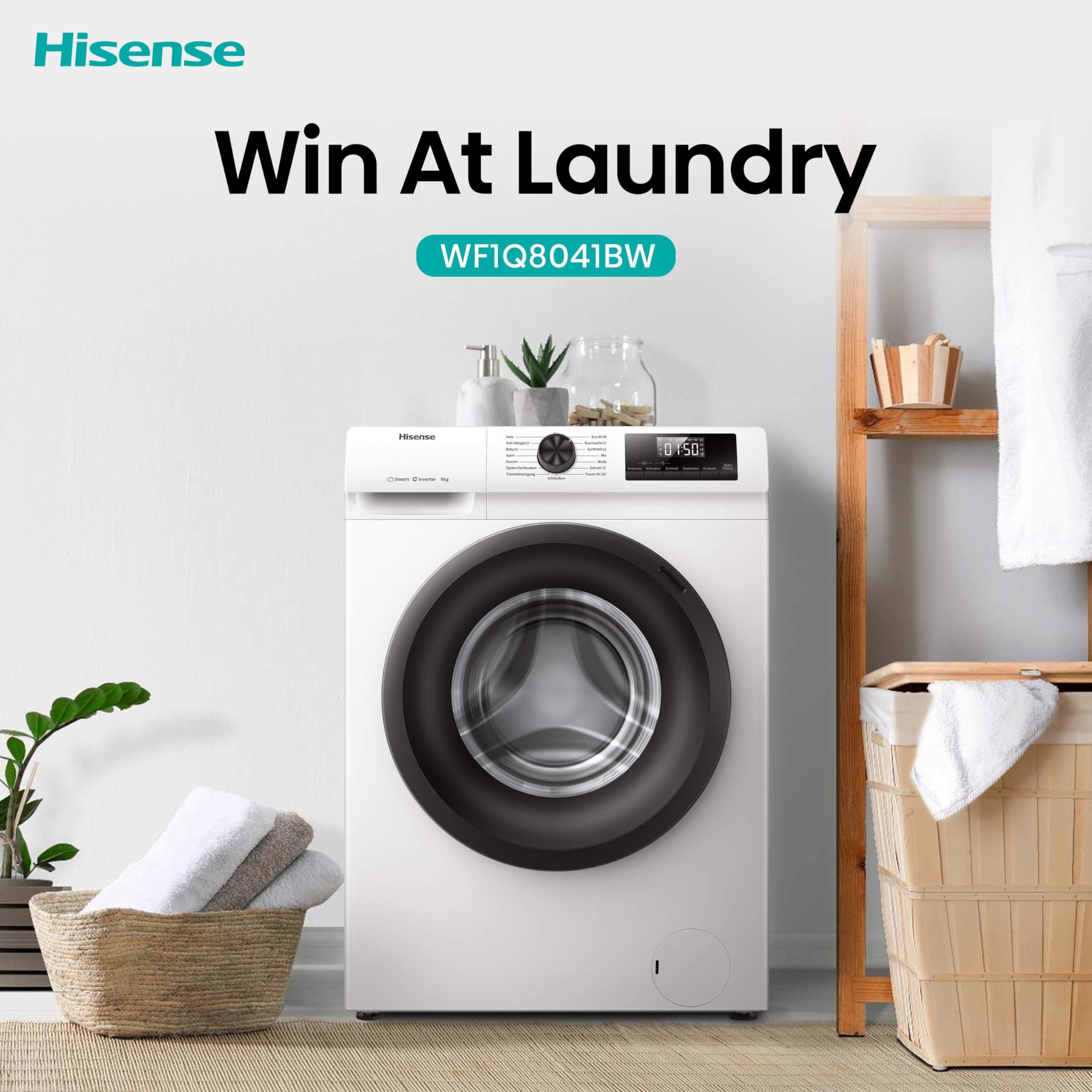 Hisense WF1Q8041BW Waschmaschine 8KG 1400 U/Min 15 Programme Dampffunktion A Energieklasse Weiß