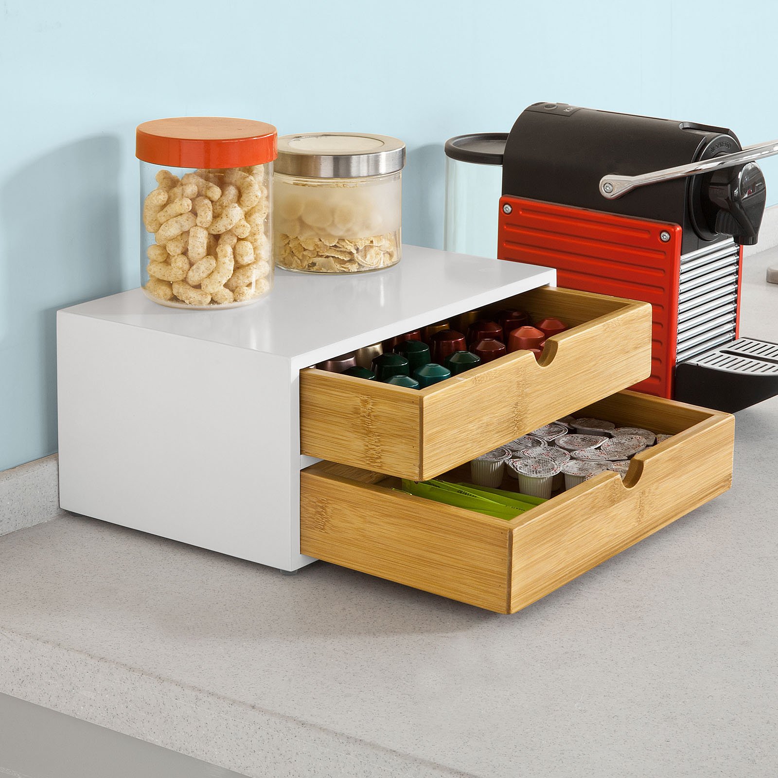 SoBuy Soporte Cápsulas con 2 Cajones, antideslizante & compacto, 30×20×14cm | Portacápsulas con 20 kg de carga, diseño sencillo, MDF/bambú, para cocina & zona café, FRG180-WN