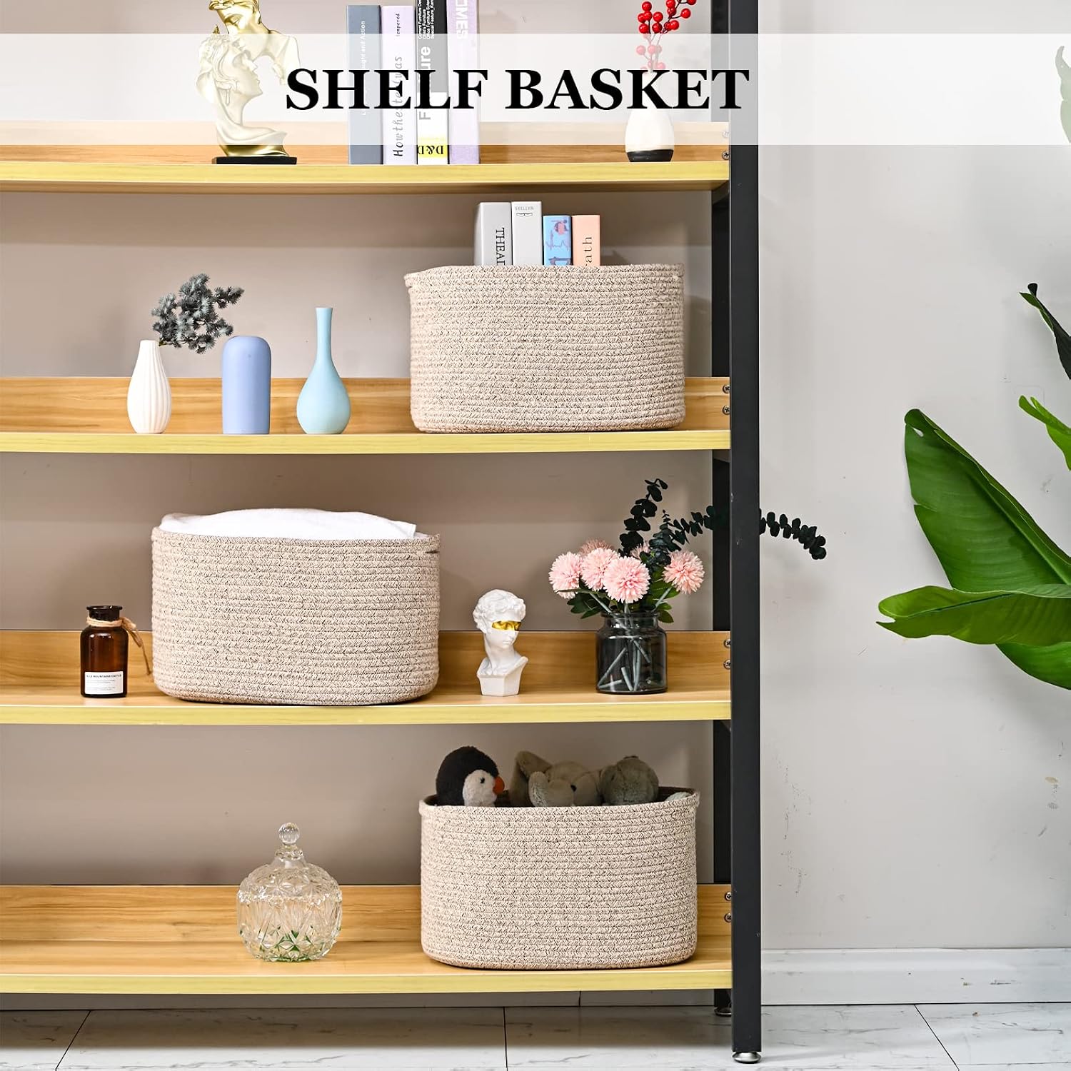 Cotton Rope Storage Baskets for Organizing 1Pack 15"x10"x9" Woven Baskets for Storage,Shelf Baskets Cube Storage Bins Towel Baskets for Bathroom,Toys Baskets Nursery Basket(Brown)