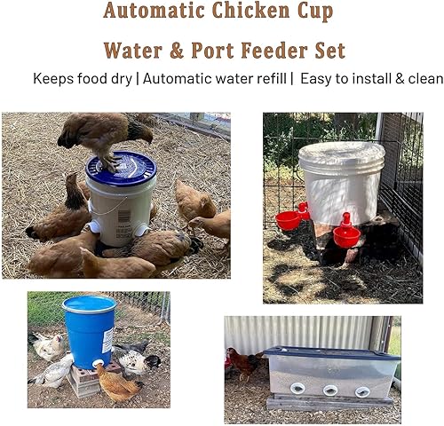 Miniatura 4 de Alimentador de pollo impermeable y bebedero de pollo, 6 unidades sin desperdicios para cubos, barriles, contenedores y 6 tazas de agua de pollo para