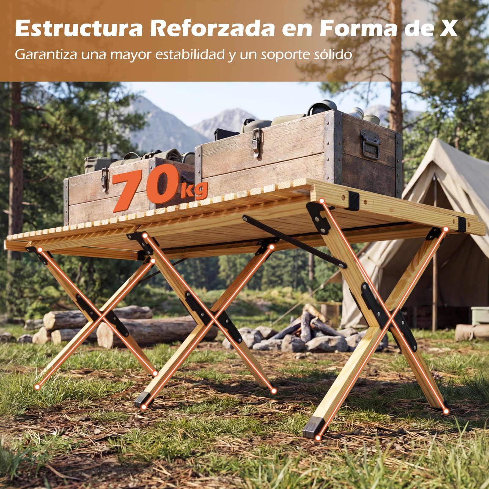 COSTWAY Mesa Plegable Camping, Mesa de Picnic Plegable con Tablero Enrollable de Madera Pino y Bolsa de Transporte para 4-6 Personas, Portátil para Playa, BBQ, Fiestas, 122 x 60 x 45 cm (Natural)