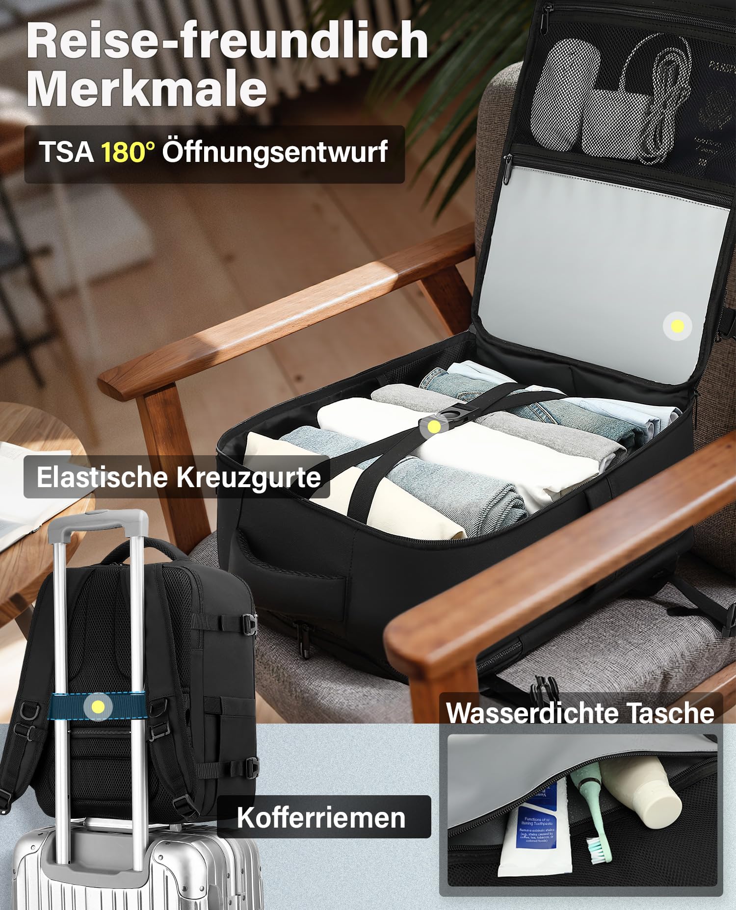 VANKEV Eurowings Ryanair EasyJet Wizz Air Handgepäck 40x30x20cm-24L, Sitzunter Rucksack für Reisen passt zu 15,6 Zoll Laptops schwarz