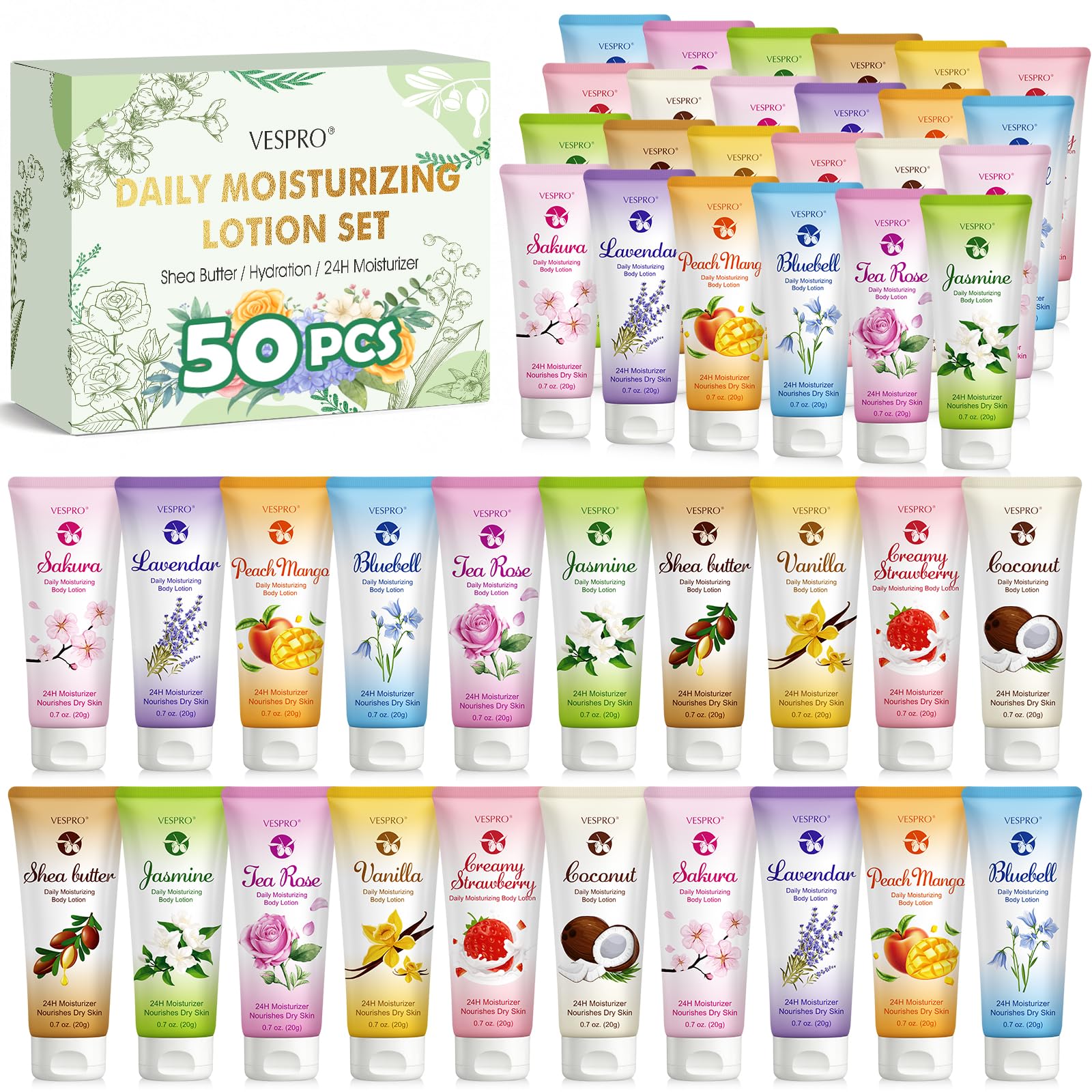 50 Pack Body & Hand Lotion Bulk for Women, Moisturizer Lotion for Dry Skin | Valentines Day Gifts, Bulk Gift for Women, Teacher Gifts, Travel Size Lotion Body with Shea Butter, Bulk Thank You Gifts 50 Pack Body Lotion Set
