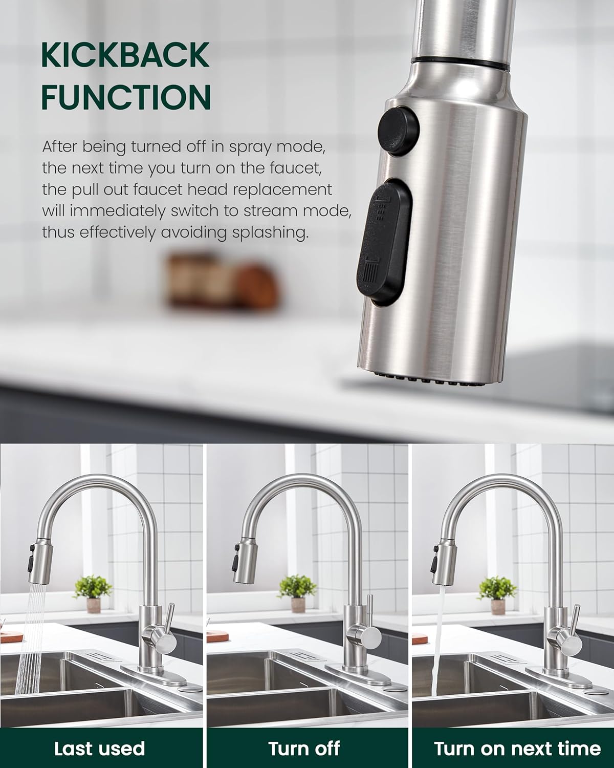 Kitchen Faucet Spray Head Replacement, Pull Down Faucet Head Replacement with 15 Adapters, 3 Function Spray Nozzle for Kitchen Faucet, Replacement Pull Out Faucet Head, Brushed Nickel