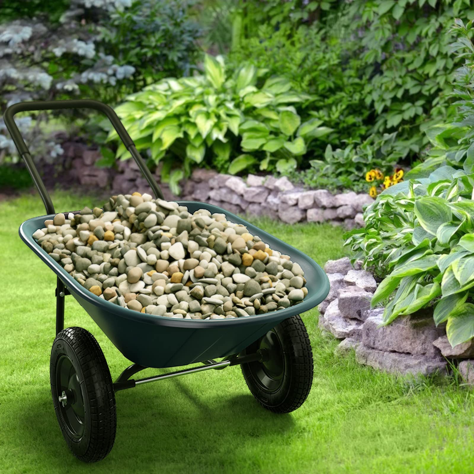 GYMAX Brouette de Jardin 2 Roues avec Cuve de 140 L, Chariot de Jardin avec Contenant en PP, Cadre en Fer Charge 100kg, Pneumatiques pour Tout Terrain, Convient pour Jardin, Patio et Entrepôt (Vert)