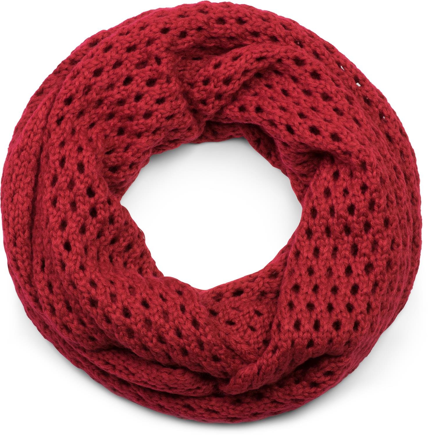 Stylebreaker Women's Claret-Red Knit Loop Scarf With Hole Pattern, Single-Colour Holed-Knit Snood, Winter Knit Scarf, Unisex 01018156, Colour: