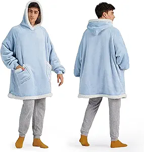 Bedsure Blanket Hoodie, Wearable Blanket for Adults & Kids as Gifts for Women Men, Birthday Gifts for Women Mom Girl Sherpa Oversized Hoodie, Sky Blue, Oversize