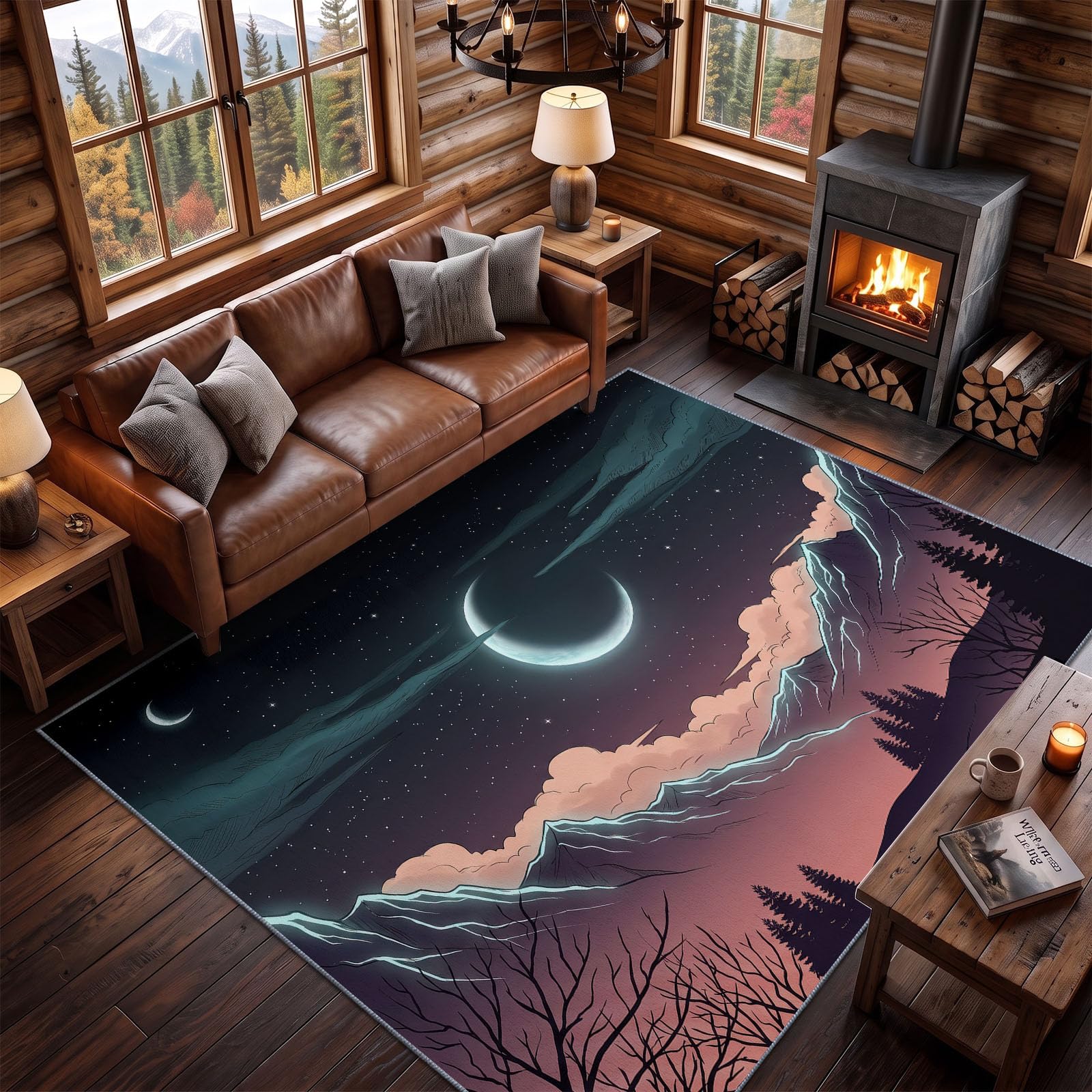 Générique Tapis Poil Ras Salon Illustration Doux Moquette Chambre 140 x 200 cm, Lavable Descente De Lit Rouge pour Cuisine, Salle à Manger, Bureau Couloir-Tapis Lune Forêt Arbres Dénudés