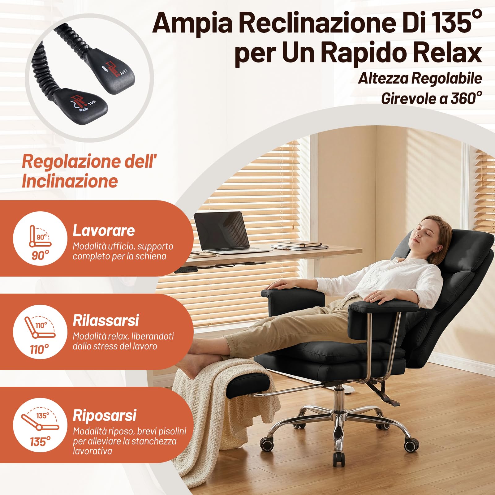 Sedia da Ufficio Direzionale con Poggiapiedi, Poltrona Ufficio Ergonomica Reclinabile in Pelle PU, Sedia da Computer con Cuscino Ispessito e Supporto Lombare 200kg, Nero
