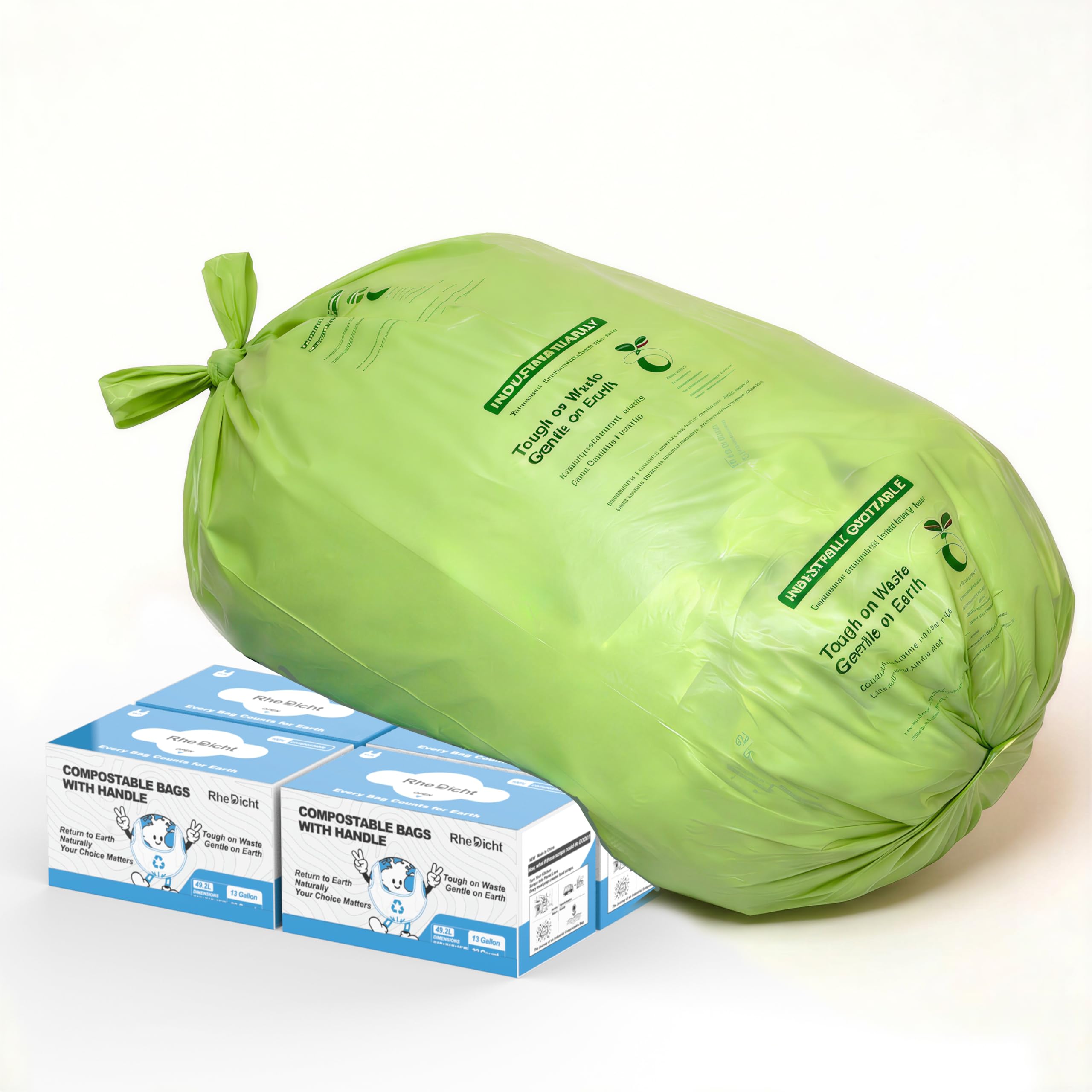 Sacchi della spazzatura biodegradabili da 50 l, 128 pezzi (4 scatole × 32 pezzi/rotolo), materiale amido di mais, certificato da piantine, ideali per cucina, garage e soggiorno, verde chiaro