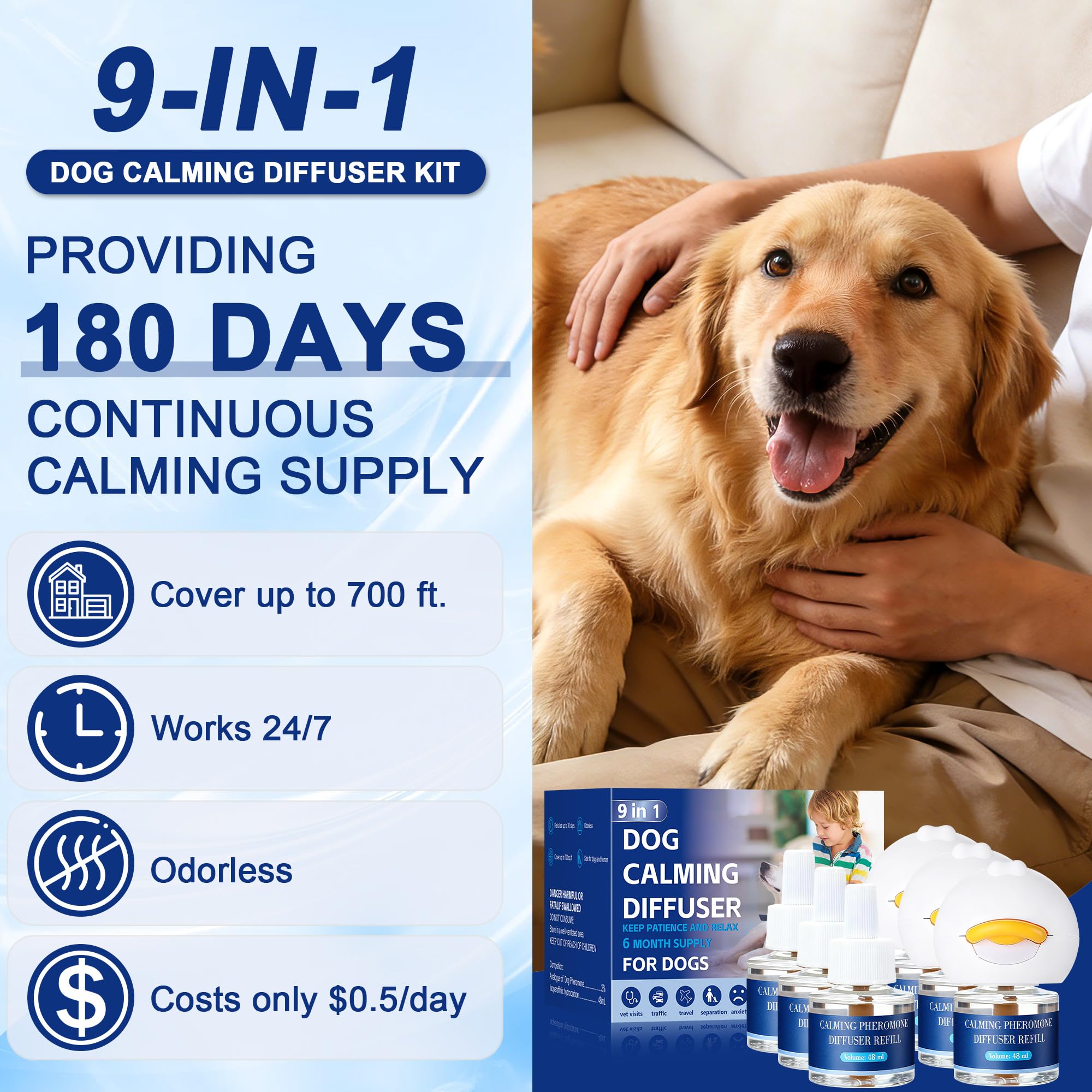 9-IN-1 Hund beruhigende Pheromon Diffuser (3 Stecker in + 6 Refills), Entlastung Angst, Sturm Stress & Indoor Verhalten Unterstützung, 180 Tag, Geruchlos sichere Formel
