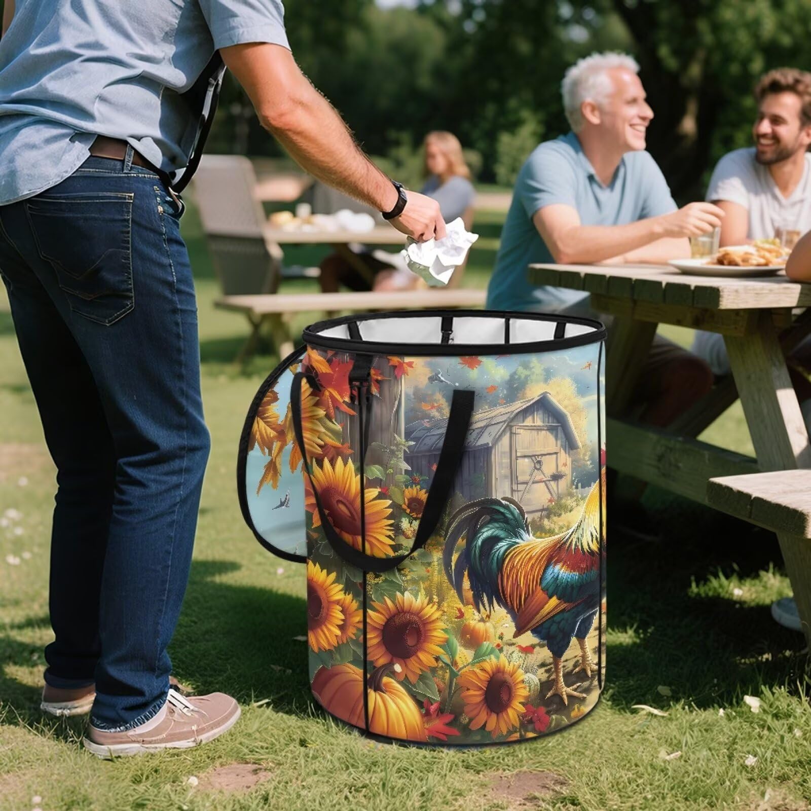 CREAMIC Chicken Outdoor Trash Can with Lid Collapsible Garbage Bag with Handles Reusable Camping Trash Can for Yard Waste Indoor Container for Grass Clippings and Picnic Waste