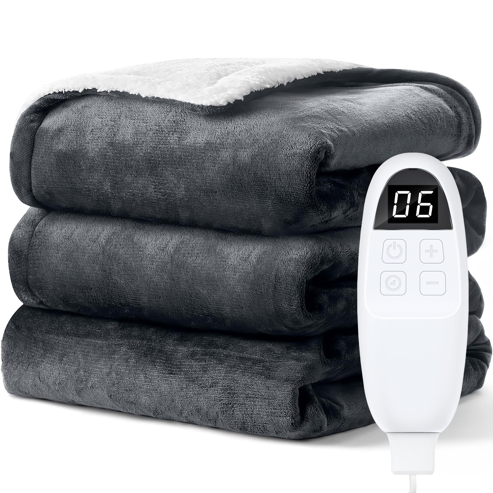 PRANITE Electric Blanket 130 x 180 cm, Thermal Blanket with 6 Heat Levels and 10H Timer, Auto Off, Soft and Warm Sherpa for Bed, Sofa or Office, Grey