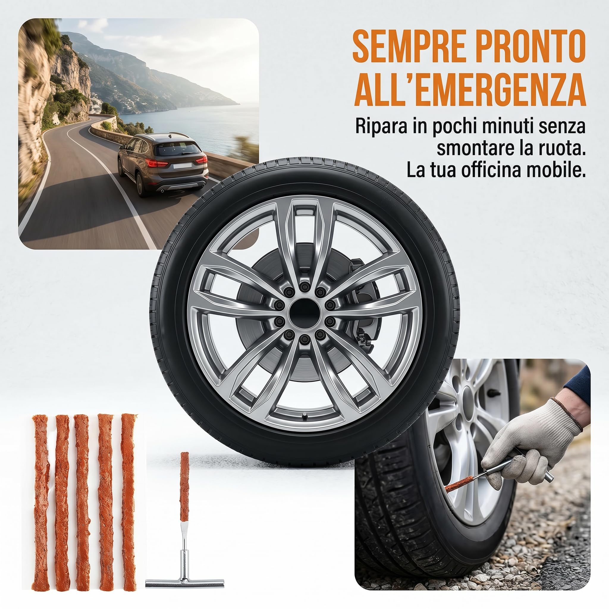 Kit Riparazione Pneumatici Auto, 25 Pezzi Strisce in Gomma per Foratura 10cm