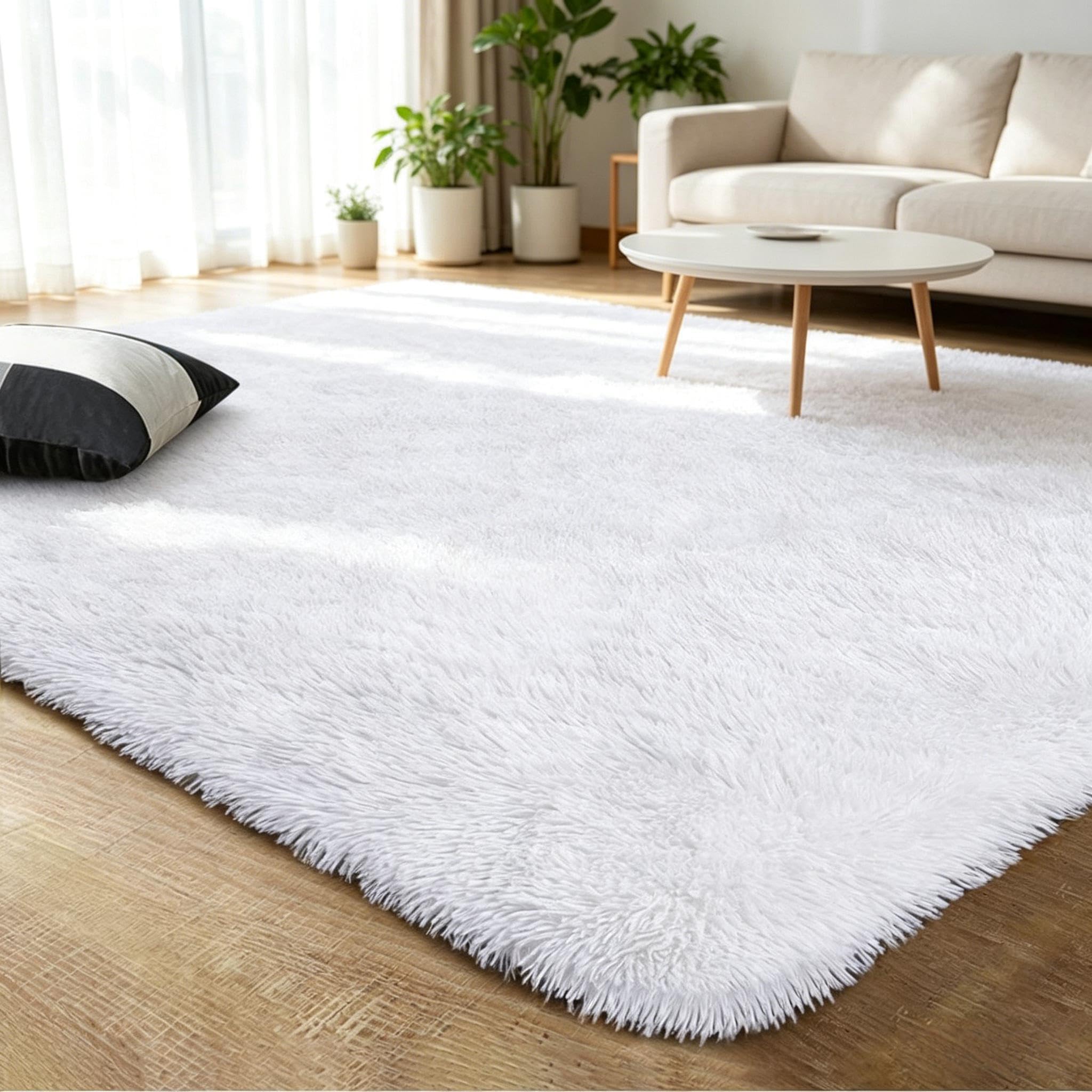 Calore Nowoczesny włochaty dywan do salonu jednolity kolor długie włosie kudłaty miękki i puszysty do sypialni (biały, 135 x 185 cm)