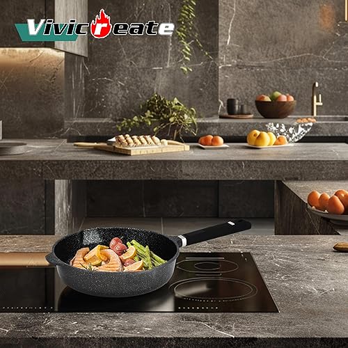 Miniatura 6 de vivicreate Sartén para saltear con tapa de 11 pulgadas, revestimiento antiadherente de mármol, diseño de 2 asas, inducción de gas eléctrico adecuado