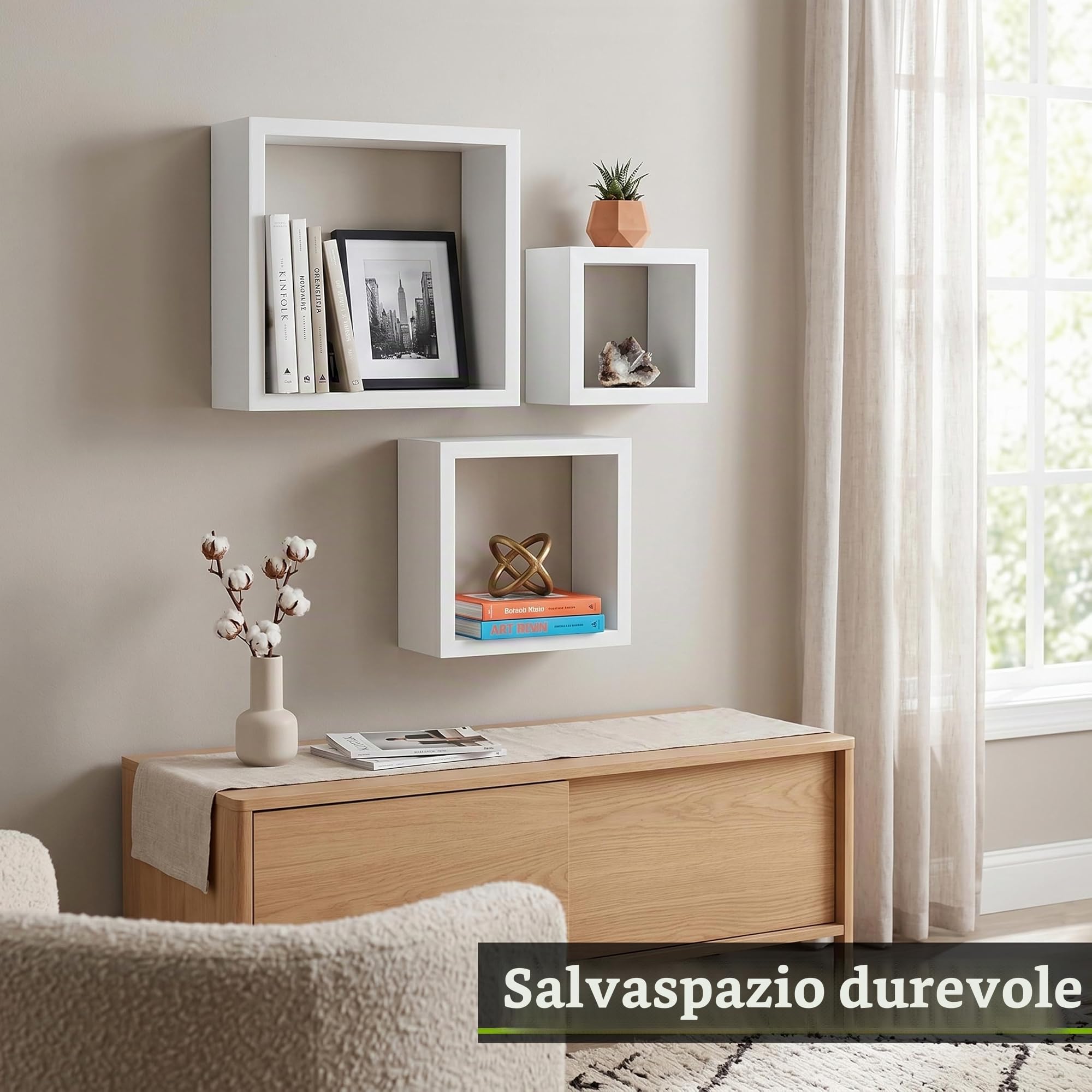 PREMIER Housewares 2402798 Set di 3 Cubi da Parete, MDF, Rivestimento PVC, Bianco