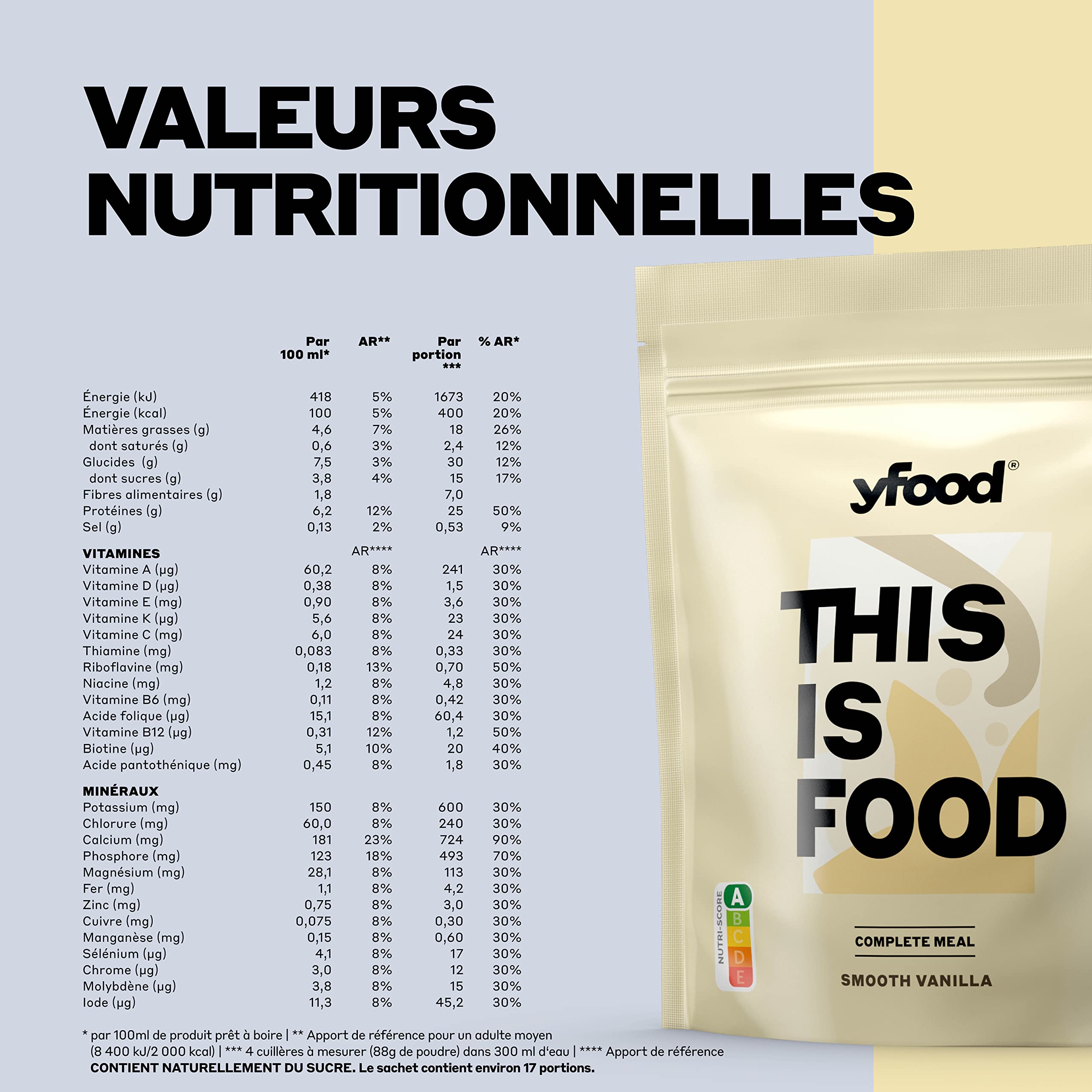 yfood poudre Smooth Vanilla, substitut de repas protéiné, THIS IS FOOD, 26 vitamines et minéraux, 17 repas par sachet de 1,5 kg, goût vanille