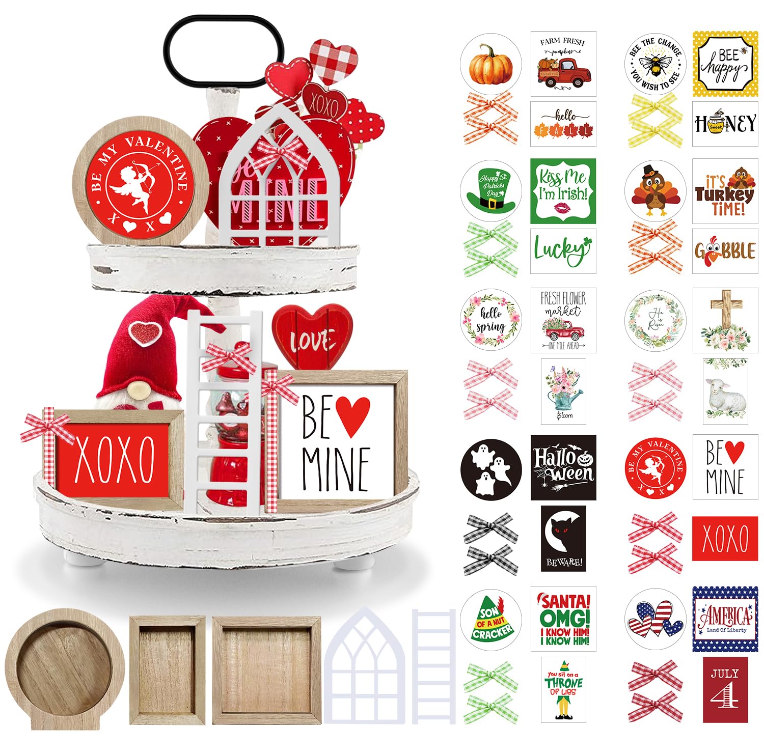 Nuvagiki Valentine's Day Tiered Tray Decor, Valentine's Day Decorations for Home, Interchangeable Year Round Seasonal Decorations Wooden Frames + Mini Arch + Ladder Set, No Tray, Valentines Gift