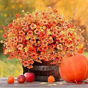 Artificial Fall Flowers Faux mums for Outdoor Indoor Garden Home Decoration, Faux Flower Daisy with Eucalyptus Leaves Fake Mums Plants Greenery Boxwood Porch Patio, 16 Bundles (Artificial Mums)