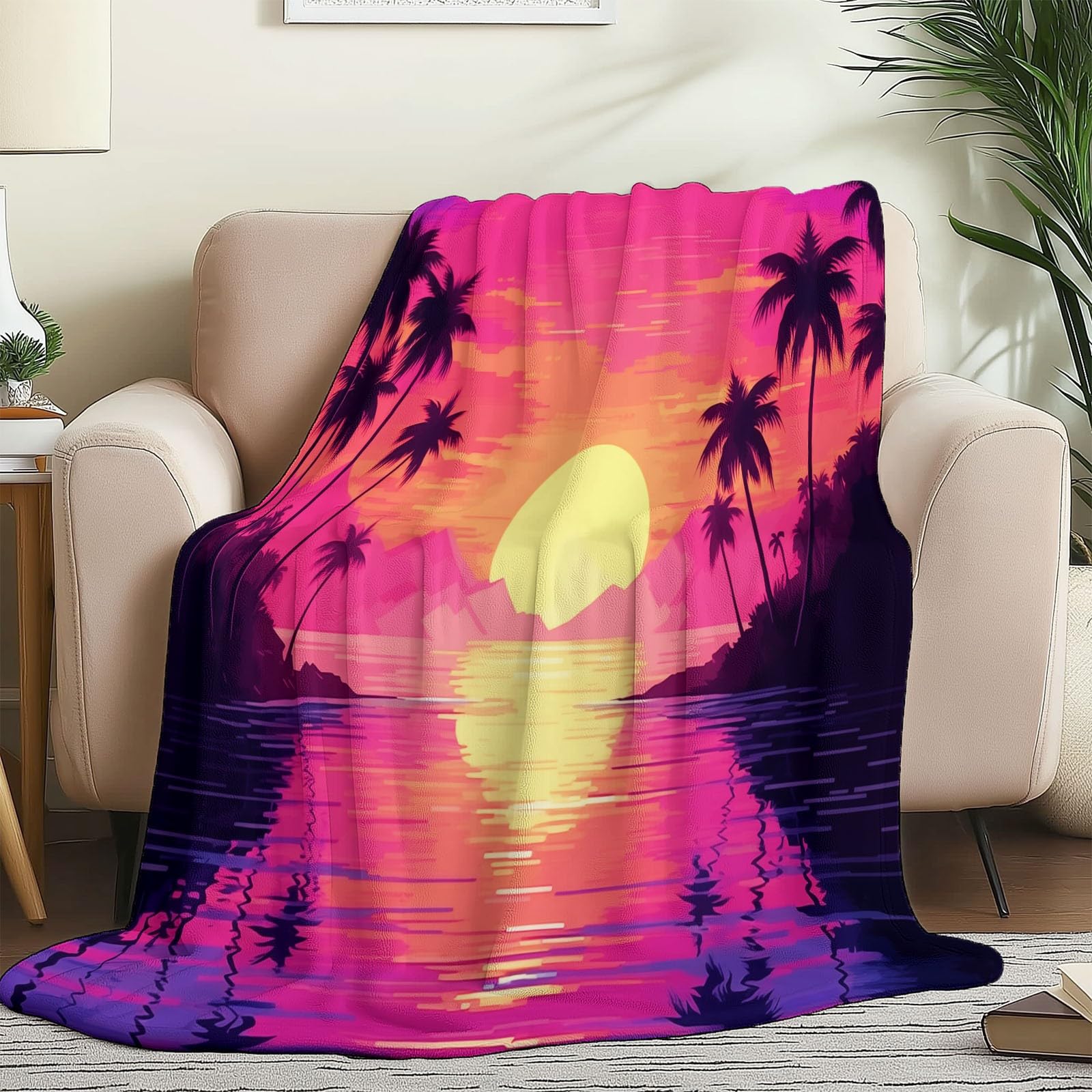 Decke Flanell 150 x 200 cm Geschenke für Frauen und Männer - Aquarell Palmen Sonnenuntergang Meer Witzige Geschenke für Freunde zu Weihnachten und Geburtstag, Rosa Schwarz