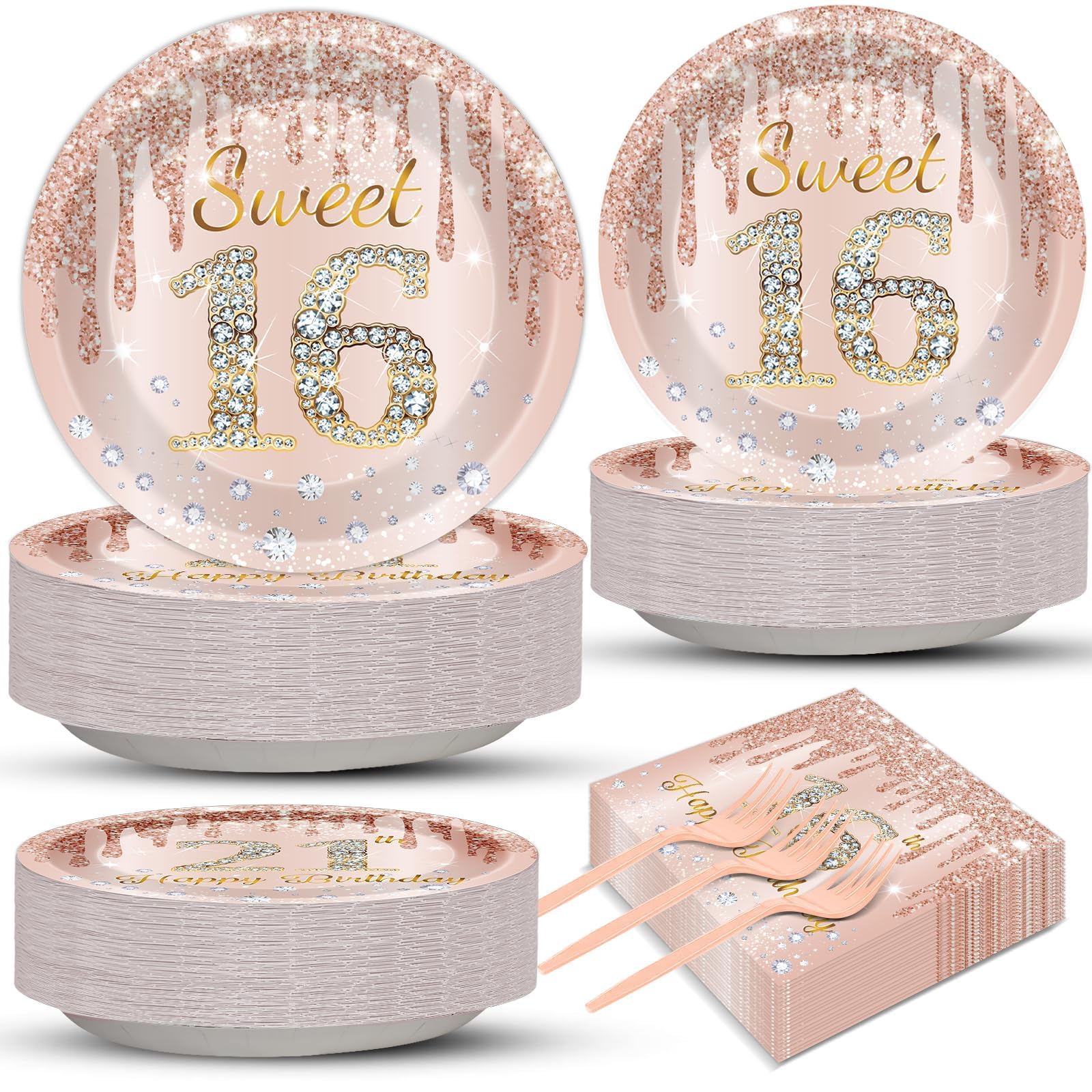 CHUNNIN 200 PCS Rose Gold Sweet 16 Party Plates Napkins Pink Rose Gold Tableware Set for Girls Sweet 16th Party Decoration Dessert Plates Forks Serve 50 Guests for Girls 16th Birthday Supplies