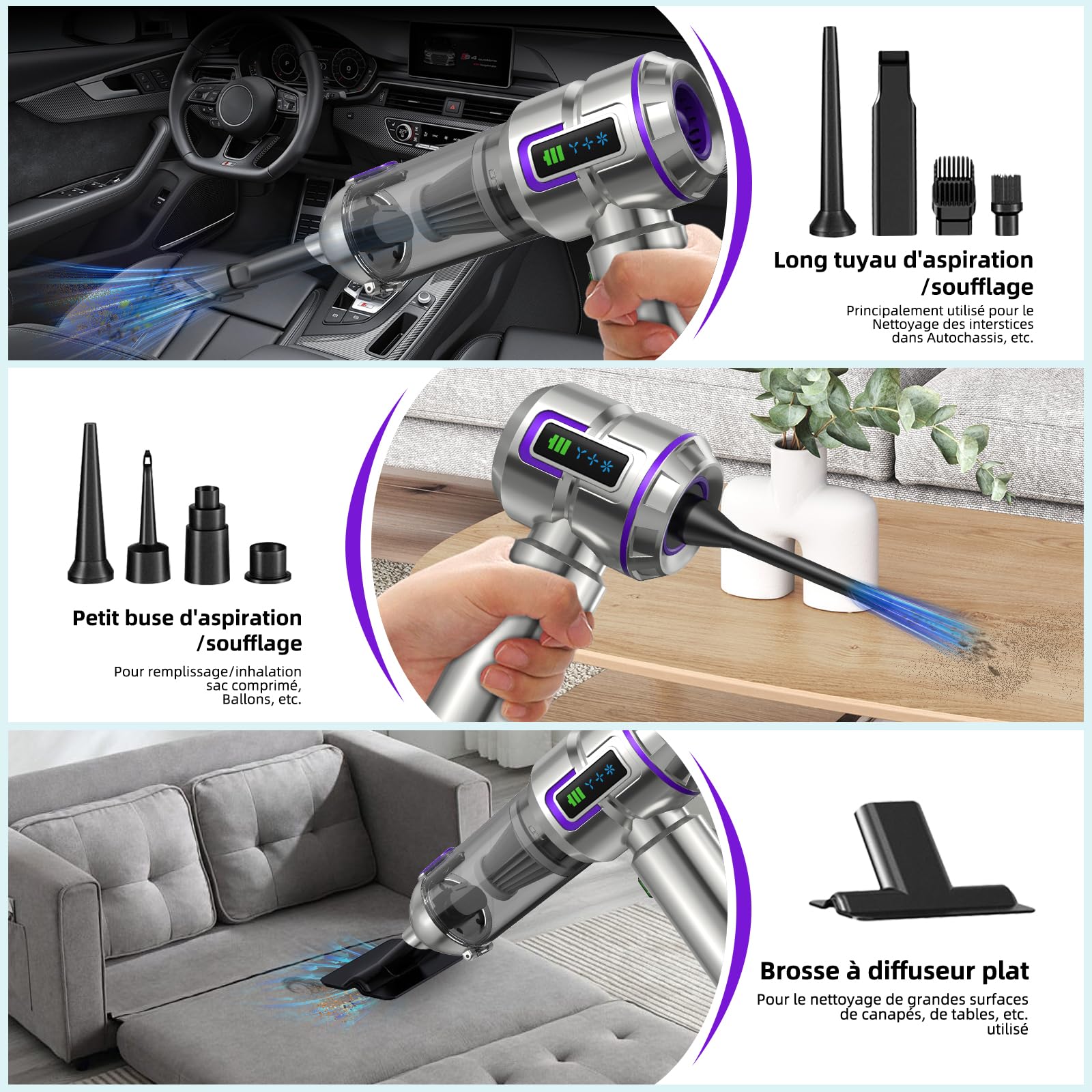 Aspirateur à Main, 25000Pa Aspirateur de Voiture Puissant avec Écran, 4-en-1 Vidage Automatique 1 Touche Aspirateur, Moteur sans Balai avec 3 Vitesses pour Maison/Bureau/Voiture/Poils, Argenté