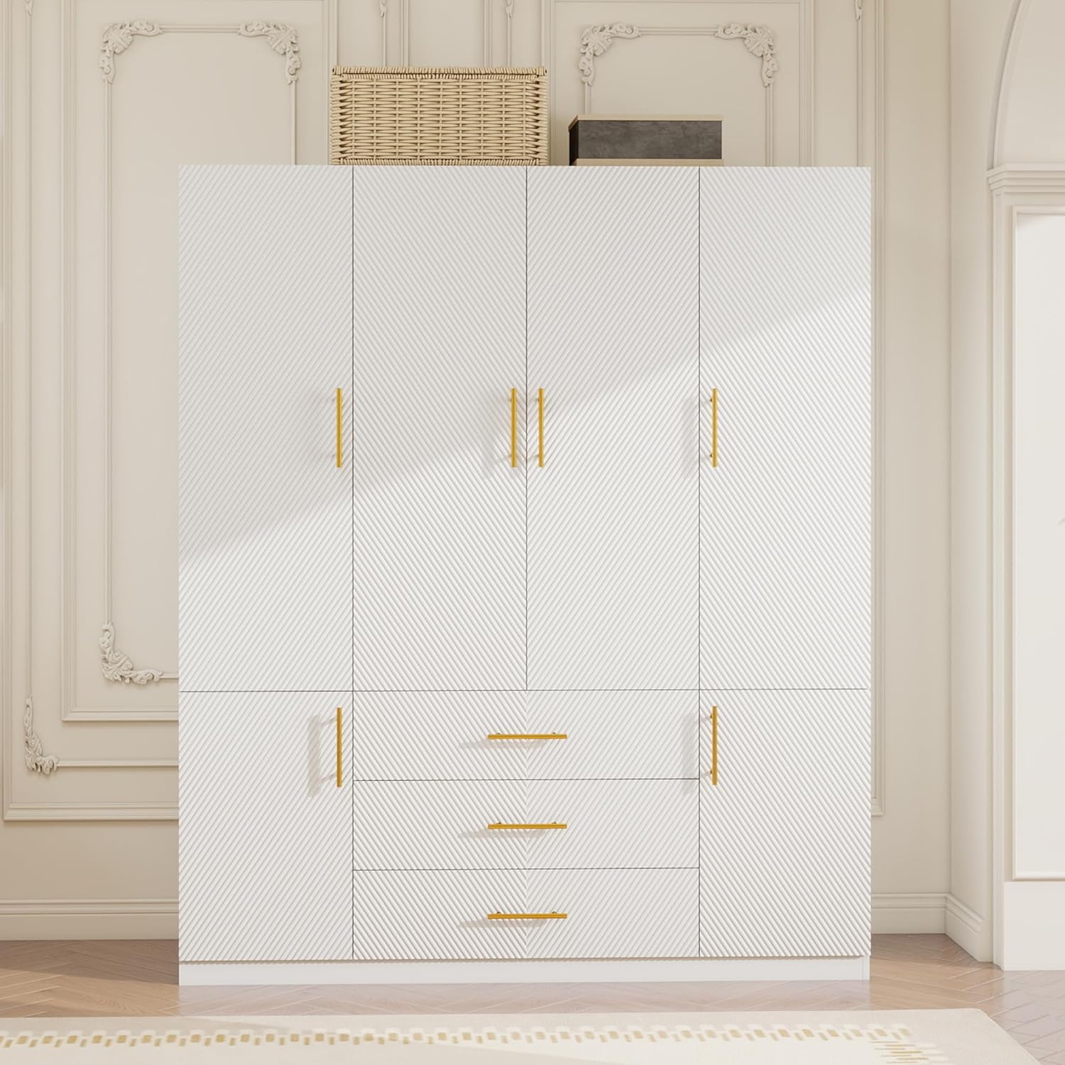 White Wooden Armoire Wardrobe Closet 4 Doors, 2 Hanging Rods, 3 Drawers, and Shelves Tall Storage Wardrobe for Bedroom Home