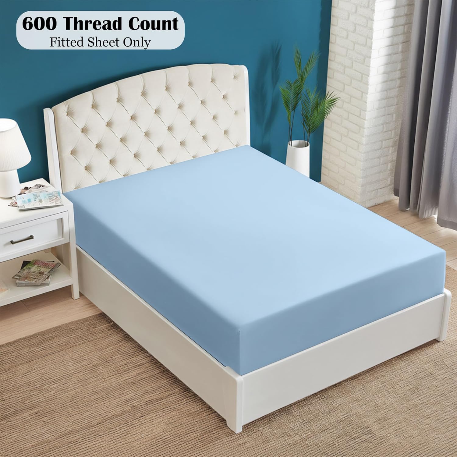 Twin Fitted Sheet Only - 100% Cotton Bottom Sheet - 16 Inch Deep Pocket Premium Cotton Mattress Sheet - Sateen Weave Luxury Hotel Quality - Light Blue