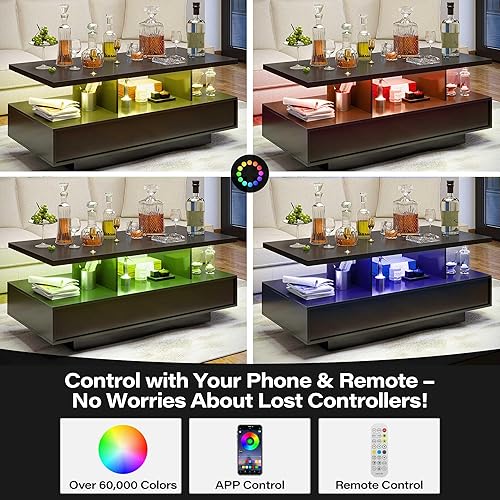Miniatura 4 de LAUSAINT HOME Mesa auxiliar LED con almacenamiento, moderna mesa de centro iluminada de 2 niveles con aplicación y control remoto, más de 60,000