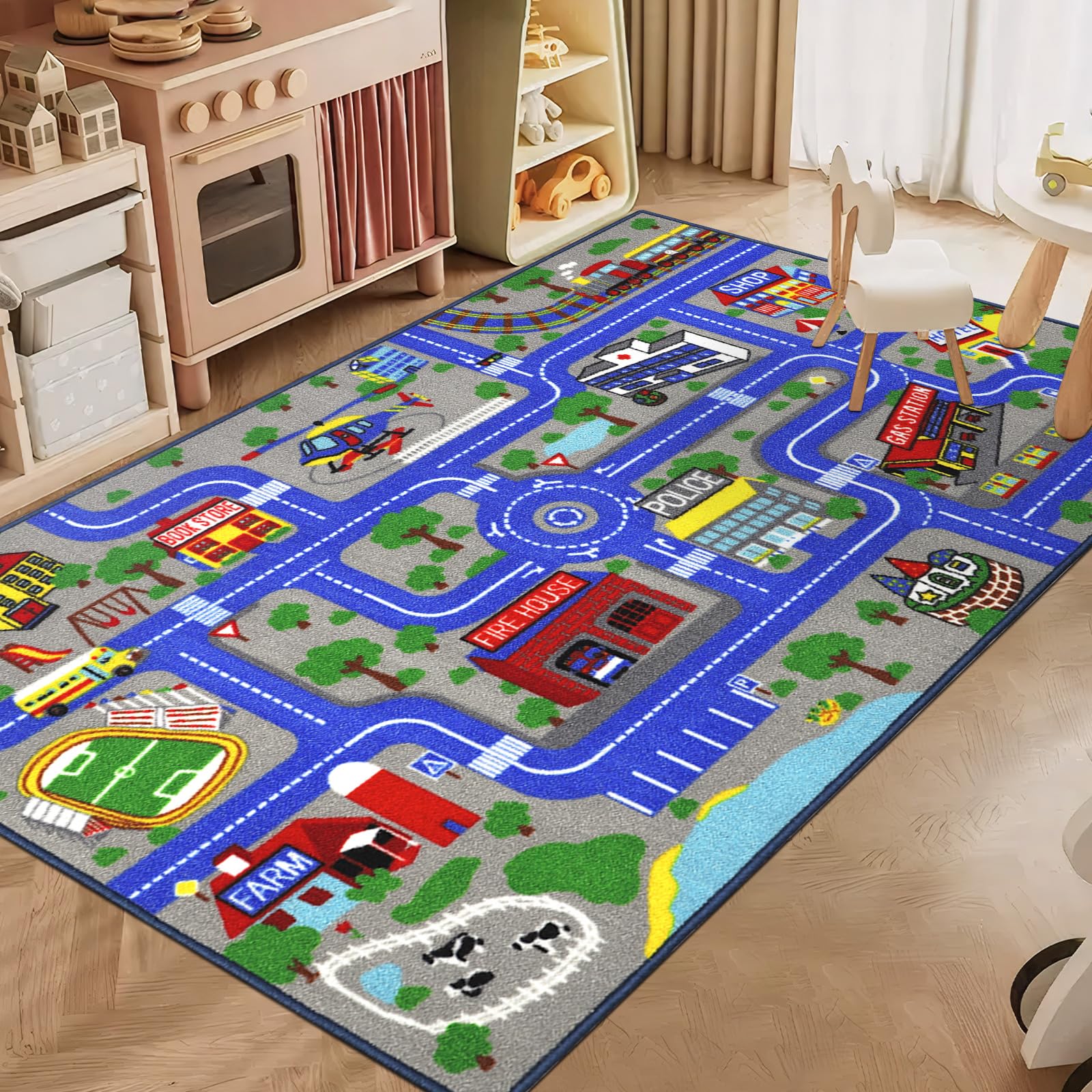 Capslpad Kinderteppich rutschfest Stadtplan Spielteppich Pädagogischer Spielteppich Maschinenwaschbar Kurzer Flor Autoteppich Kinder für Kinderzimmer Schlafzimmer Spielzimme