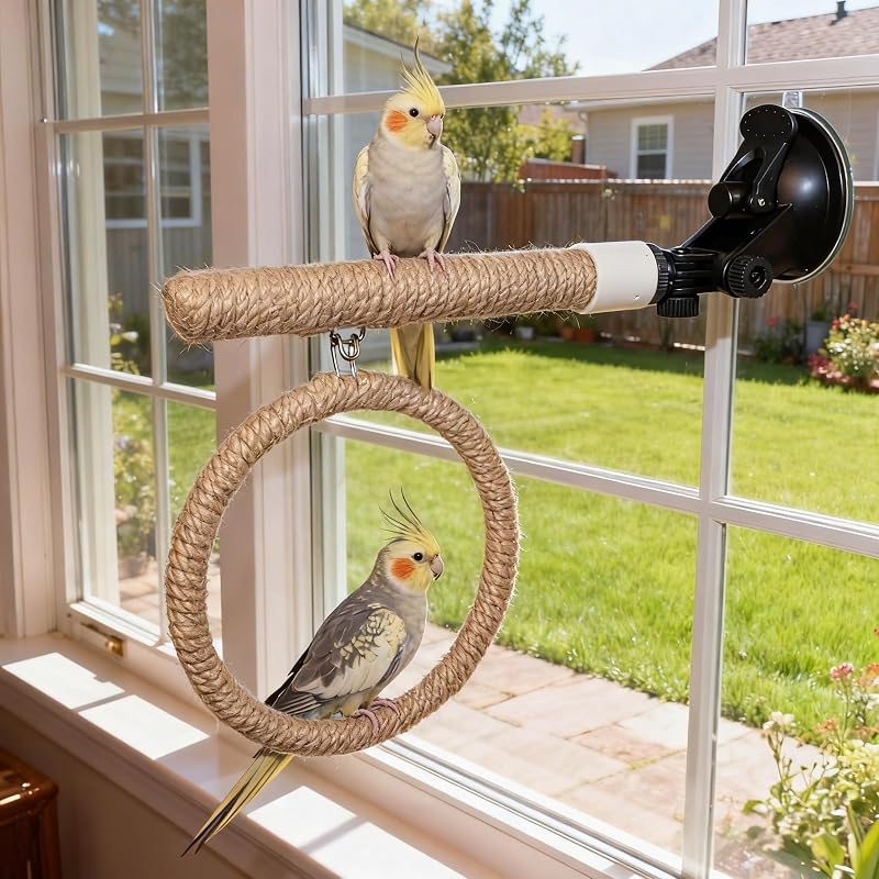Poleiro para aves AOTU de flax com ventosas e balanço ajustável para periquitos e calopsitas — Perch Stand with Swing, 1 unidade