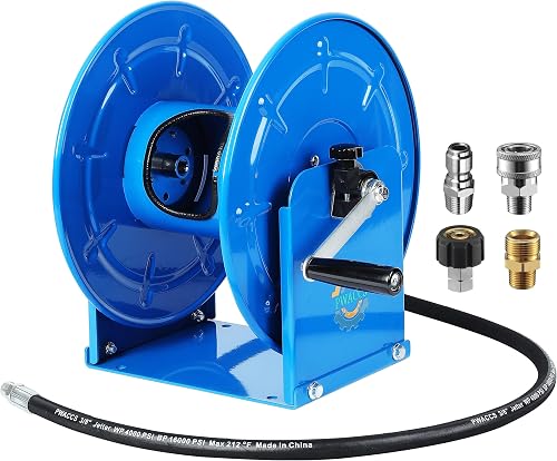 PWACCS Manual Pressure Washer Hose Reel 100FTx3/8", 200FTx1/4", 4 Adapters