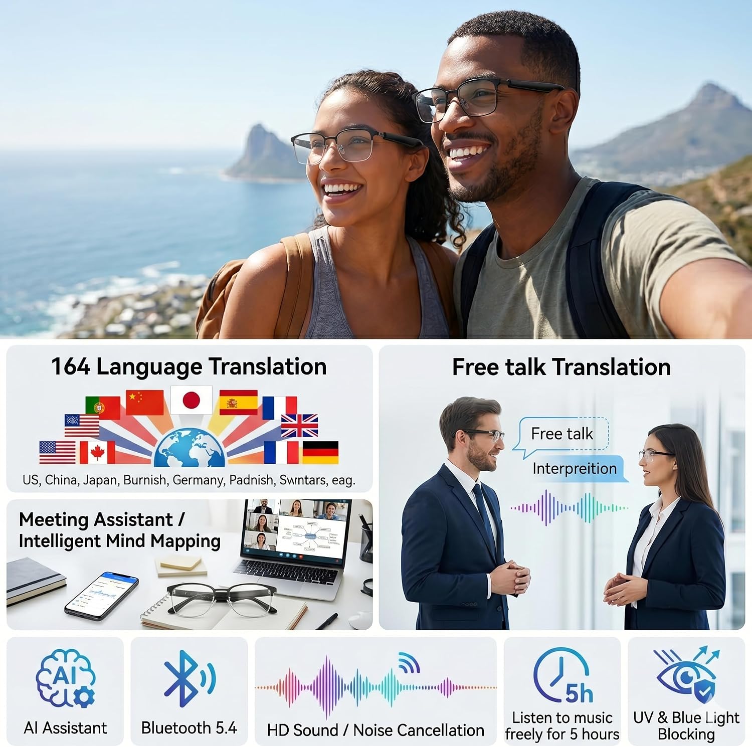 Ai Smart Glasses Bluetooth 5.4 with Translation for Men Women 160+Languages Color-Change Lens Chat GPT Assistant Free App Translator Glasses Meeting,Driver,Travel