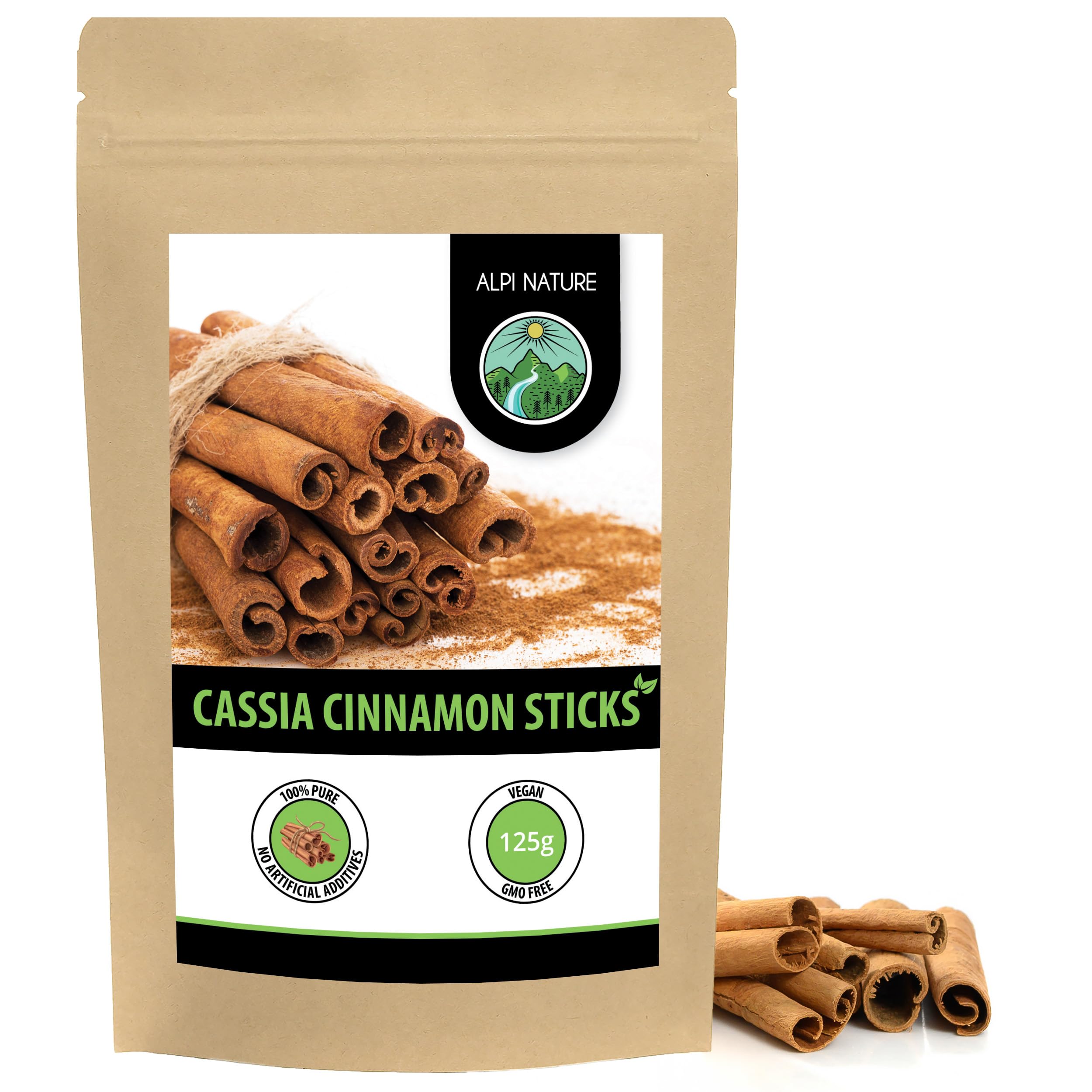 Alpi Nature Cinnamon Sticks 125g 4.4 oz, Cassia Bark Quills 60mm, Approx. 37-39 Sticks per Bag