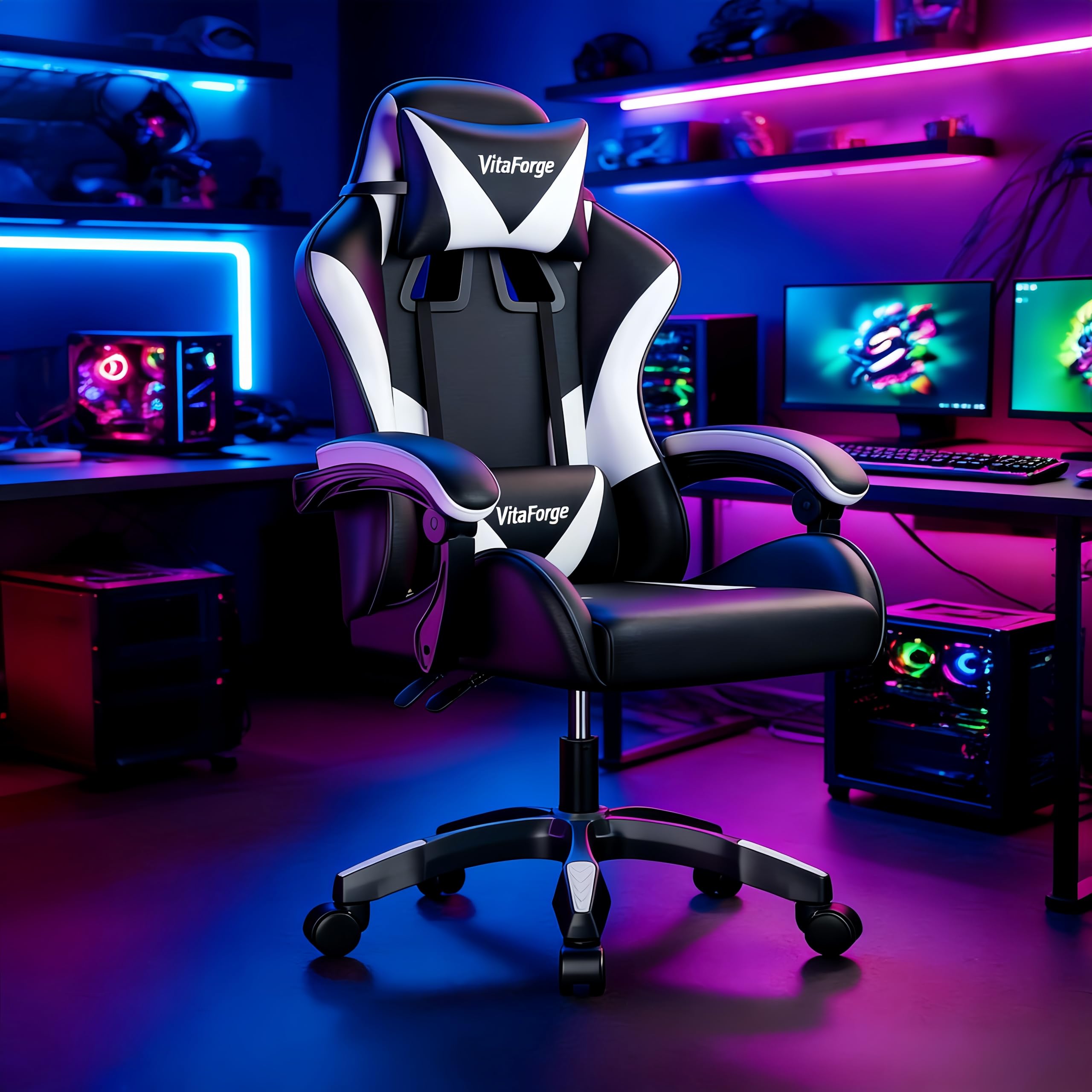Fauteuil Gaming Fauteuil Bureau, Chaise de Jeu Ergonomique avec Réglable en Hauteur, Support Lombaire et Appui-tête - Cuir PU, pour Le Bureau ou Le Jeu (Noir et Blanc)