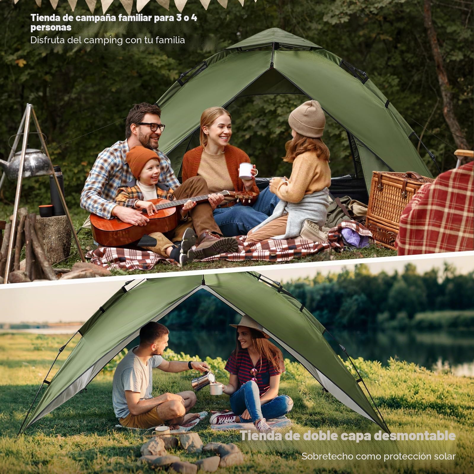 Tienda de campaña Automática para 4 Personas 230 * 230 * 150CM Pop Up Tienda instantánea para 4 Estaciones Protección UV 2 en 1 Doble Capas Tienda Campismo Plegable Familia Cúpula Carpa