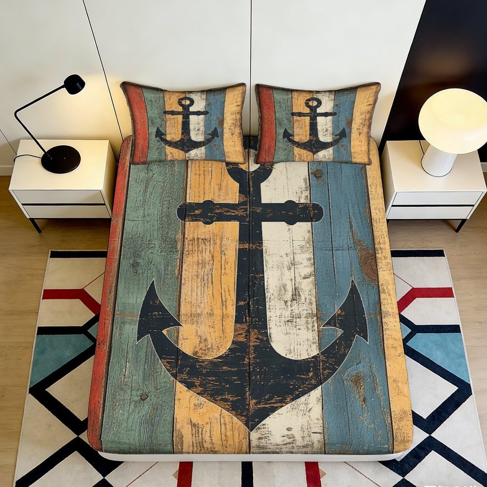 Pnayamiorkfel Style-4 3D Printed Vintage Nautical Anchor Fitted Sheet Microfiber Retro Striped Mattress Cover For Bedroom Guest Room Decor 90X200x25cm