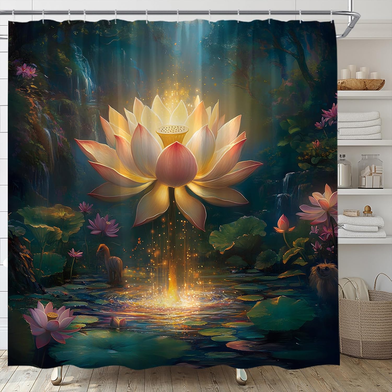Lotus Shower Curtain Fantasy Pink Flower Spa Lotus Leaf Spiritual Dreamy Pond Waterfall Golden Floral Art Asian Oriental Fabric Bathroom Decor Set with Hooks(84" Wx70 H)